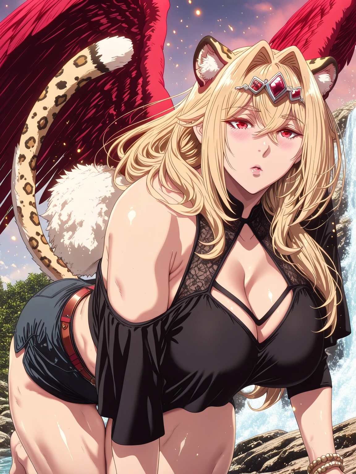 L_Cation2, Babu-style, Hgk, (aelion_draws-style:1.2), (suou-sensei-style:1.4), (saintshiro-style:1.2), (anegawa_eiji-style:1.3), (anime coloring, anime screencap), shiny skin, (voluptuous body:1.4), (mature female:1.4), (cellulite:1.3), ((anatomical correct)), ((Cinematic, high quality, perfect composition, eye-catching, ambient occlusion, UHD, masterpiece)), perfect body, perfect eyes, perfect fingers, gasping, heavy breathing, gasping profusely, ((overhang)), ((curvy, thigh gap)), ruphas mafahl, blonde hair, red eyes, hair between eyes, long hair, hair intakes, feathered wings, large wings, black wings, tiara, plump, 1girl, tail, animal_ears, breasts, solo, leopard_tail, cleavage, leopard_ears, jewelry, bracelet, shorts, looking_at_viewer, all_fours, jacket, short_shorts, belt, clothing_cutout, off_shoulder, animal_ear_fluff, bucks, water splash, crystal particles, ((embers)), outdoors, 