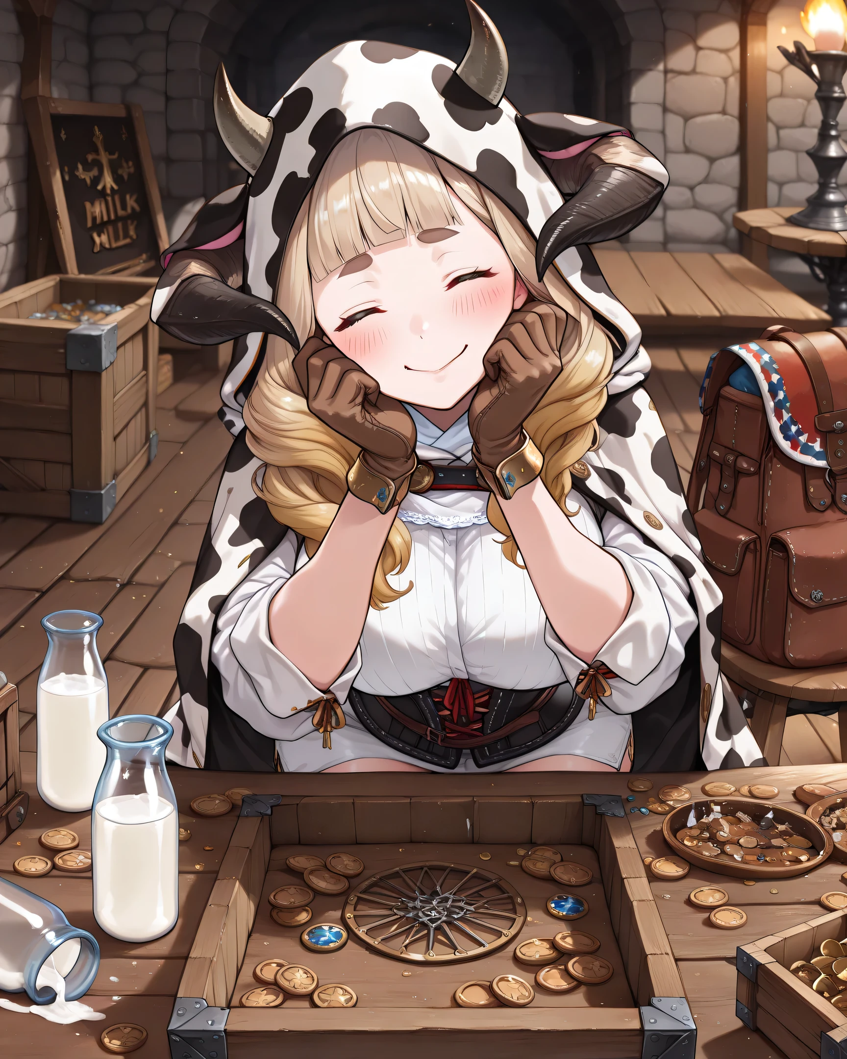 ((言語: 日本語、英語)、(Masterpiece), (Highest Quality), (High Score), (High Resolution),(4k),Uncensored,),
(masterpiece, best quality, very aesthetic),
(ファンタジー、中世のドイツ、(春)、(朝)、(快晴)、(屋外)、1girl,,solo,),
(She grabs milk bottles in both hands),
(,(Outdoors, food stall, table), (Merchant girl), (Milk bottle on the table, multiple milk bottles, multiple coins),(small items, antiques),(some wooden box on the floor),,,BREAK,,(She grabs milk bottles in both hands),(She is selling the merchandise),(She holds out the bottle in her hand),,(She is behind the table, facing it),(Anatomically accurate structure),),

((,BREAK,(game cg),))

((mature woman,(ssranila, horns, thick eyebrows, blonde hair, blunt bangs, ), [(gradient hair from blonde to light brown:1.4)0.4],Medieval,German traditional costume,White shirt,White hood,Chiemsee Tracht,Lace-up boots, brown long boots, leather gloves,（Leather backpack, backpack straps）、((Cow-print coat), (Cow-print hood), gold cufflinks)(ｌarge breasts),(Slender),(short stature),),(black overbust corset),(white Thigh-high socks),((smile),close eyes,blush,)sitting on the chair(Stool),(head rest:1),(head tilt:1.2),(leaning forward:1.3),(both hands to cheek:1.3),,BREAK,(Both elbows on the table: 1.4),[looking ahead:],[face forcus:],[cowboy shot:],,BREAK,[three-quarter view:1.5],),
(She grabs milk bottles in both hands),
(),
（ハイスコア）、（最上級の画像生成）、
(The correct number of fingers, five fingers),
(so happy),
(She grabs milk bottles in both hands),
