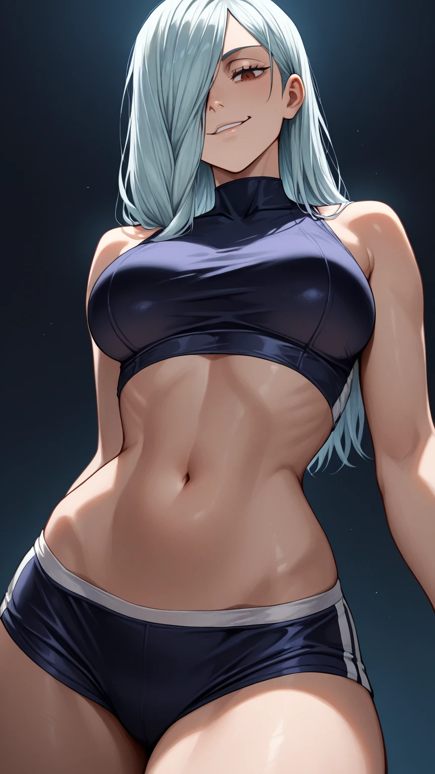 (masutepiece, Best Quality:1.2), 1girl in, Solo,( Dynamic Angle,:1.1) Mature, 100facehassan, Fate, (dark grey skin:1.2), Blue eyes, Long hair, Purple hair, Ponytail, large lips, blank expression, Gold Jewelry, ?????????????, Pants, Toned, Navel, Abs, hoop earrings, halterneck, Dark background,  background、Realistic, Plump ????????, Slender body, Narrow waist, from low behind 5meters, lingerie sweat