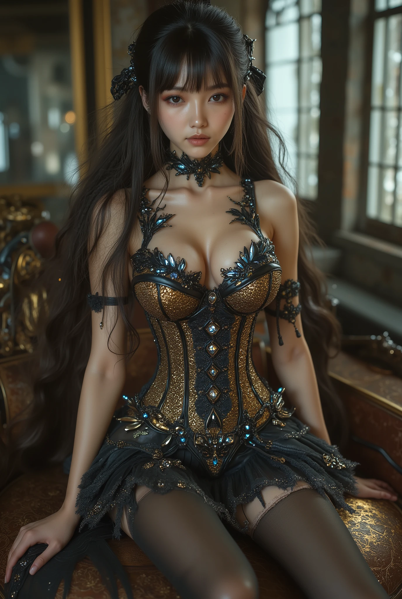 Long shot, full body shot, masterpiece, semi-realistic, A 17-year-old young Asian woman, cute-looking with douyin-style makeup with a tall, sweaty, thin body, small belly, wide waist and long, sexy muscular legs, and a gigantic breast. sitting on a round chair strapless corset with a deep cleavage to the navel formed by black diamonds that emphasizes her striking avant-garde body with intricate details, with a pleated miniskirt and nylon stockings with sexy layered high gold lace, she also wears high-heeled stilettos with straps, reminiscent of Gothic or fantasy style. The work features intricate details, including sparkling blue gemstones and feather-like textures that adorn the corset, the tight corset gives a graceful and elegant impression. the corset is painted shiny adding to the fantasy impression, Her long, dark hair flows over her shoulders in waves, completing the dramatic effect. sitting with one leg over the other on a round chair background a touch of classic sophistication. The architectural setting, likely a historic or Asian-style building with large windows and ornate details, conveys a sense of old-world grandeur and charm. The overall atmosphere is luxurious and mysterious, enhanced by the interplay of timeless textures and environmental qualities.
