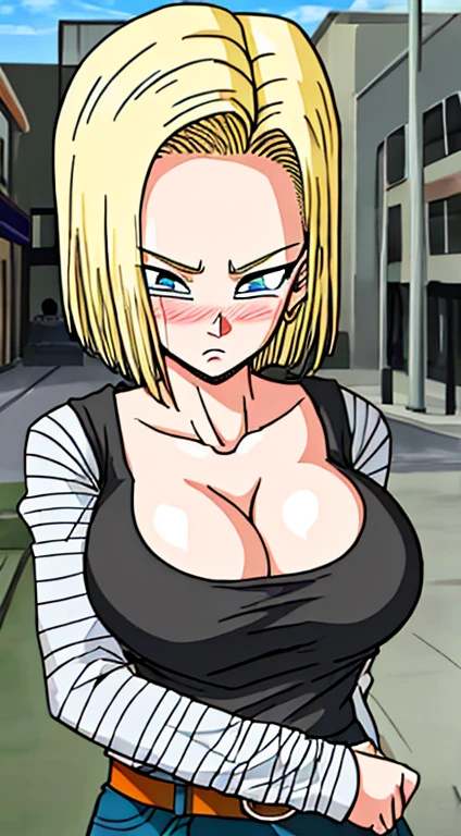 masterpiece, detailed face, 
android 18,  buu saga, , 1girl, solo, looking at viewer, short hair, blue eyes, blonde hair, collarbone, 
(City),( street),((huge ????:1.2)),cleavage, upper body,  hovering, 
midair, 
black shirt, long sleeves, striped sleeves, hoop earrings, shoes, orange socks, belt, high waist pants,( embarrassed :1.3),(blush)