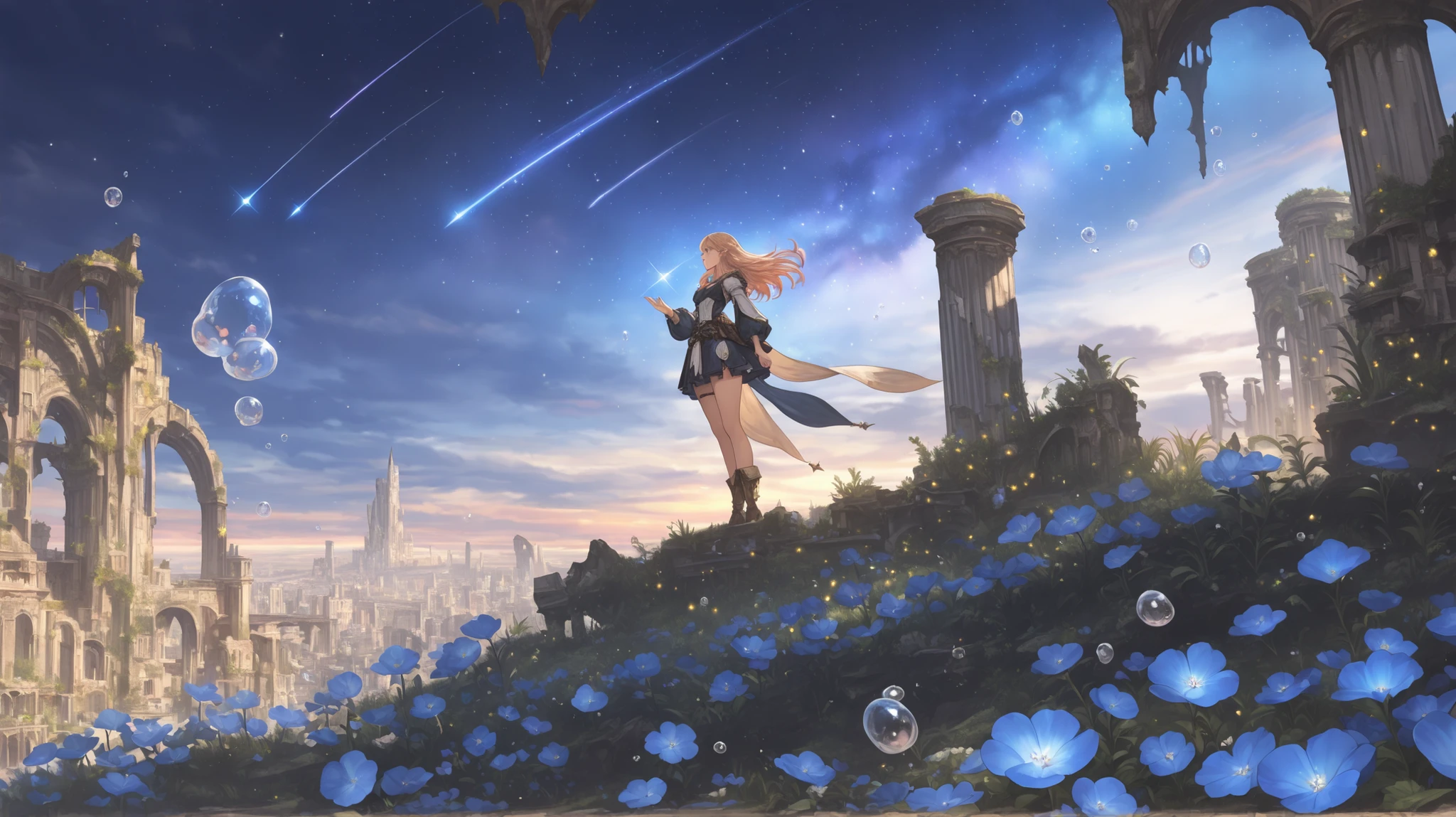 fantasy style illustration,(masterpiece, Highest Quality), (very detailed, Highest Quality, official art, Beautiful and Aesthetic: 1.2), 1 , seabed, View from the ruins ,Air bubbles,  sparkling ,city, growing, Blue Flower, Shooting Stars