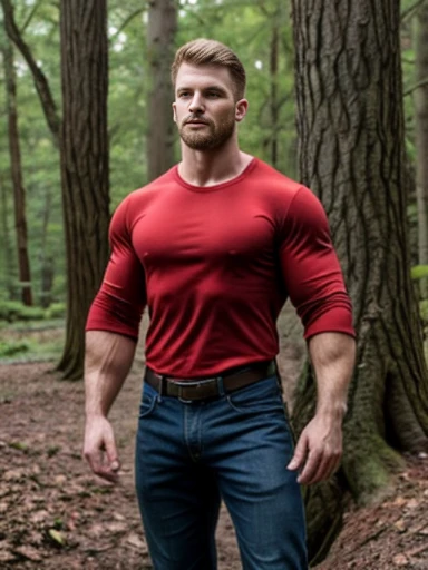 Melancholy，around，artistic conception，big occasion,outside,40 years old,Diffuse light，Chest muscles，, stubble, Europeans and Americans,temple, Muscle tissue, Mature man,Bodybuilder，Golden-blue、Pure purple blac，Dignified and elegant，temperament，short hair,The light is soft,black triangle ,full-body shots,handsome face，In the forest ，in the middle of the night