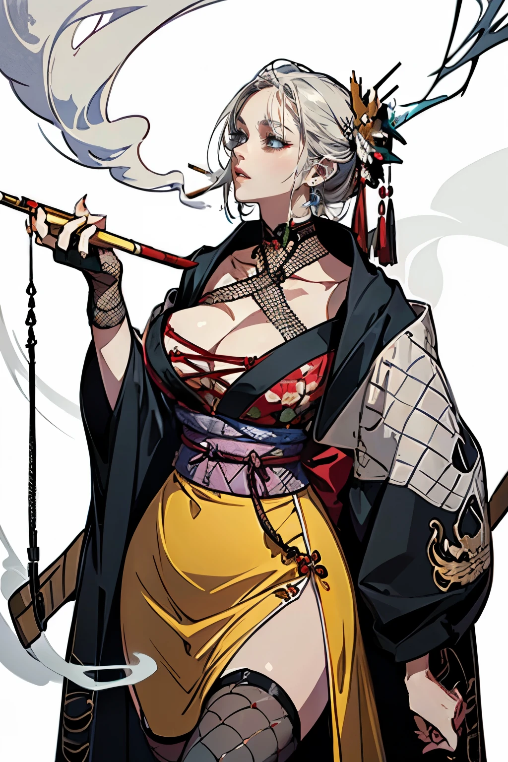 (((game illustration))), (((best quality))) ,(solo), (1girl), (((white background))), ((( visible chest bone ))), (((Big breasts))), side slit skirt, Three Kingdoms of China costume, revealing costume, hair ornaments, white skin, ((black eyes)),(((fishnet stockings))), long pipe cigarette, Woman holding a pipe cigarette, (((smoking pipe)))