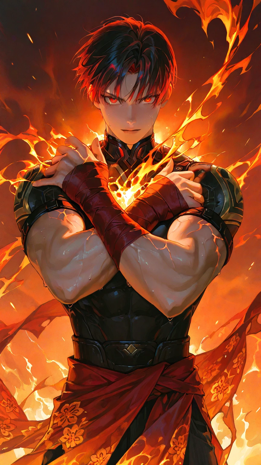 "Get lost in the mesmerizing gaze of Saitama's piercing red eyes as he effortlessly controls the element of fire with his relaxed and handsome demeanor."