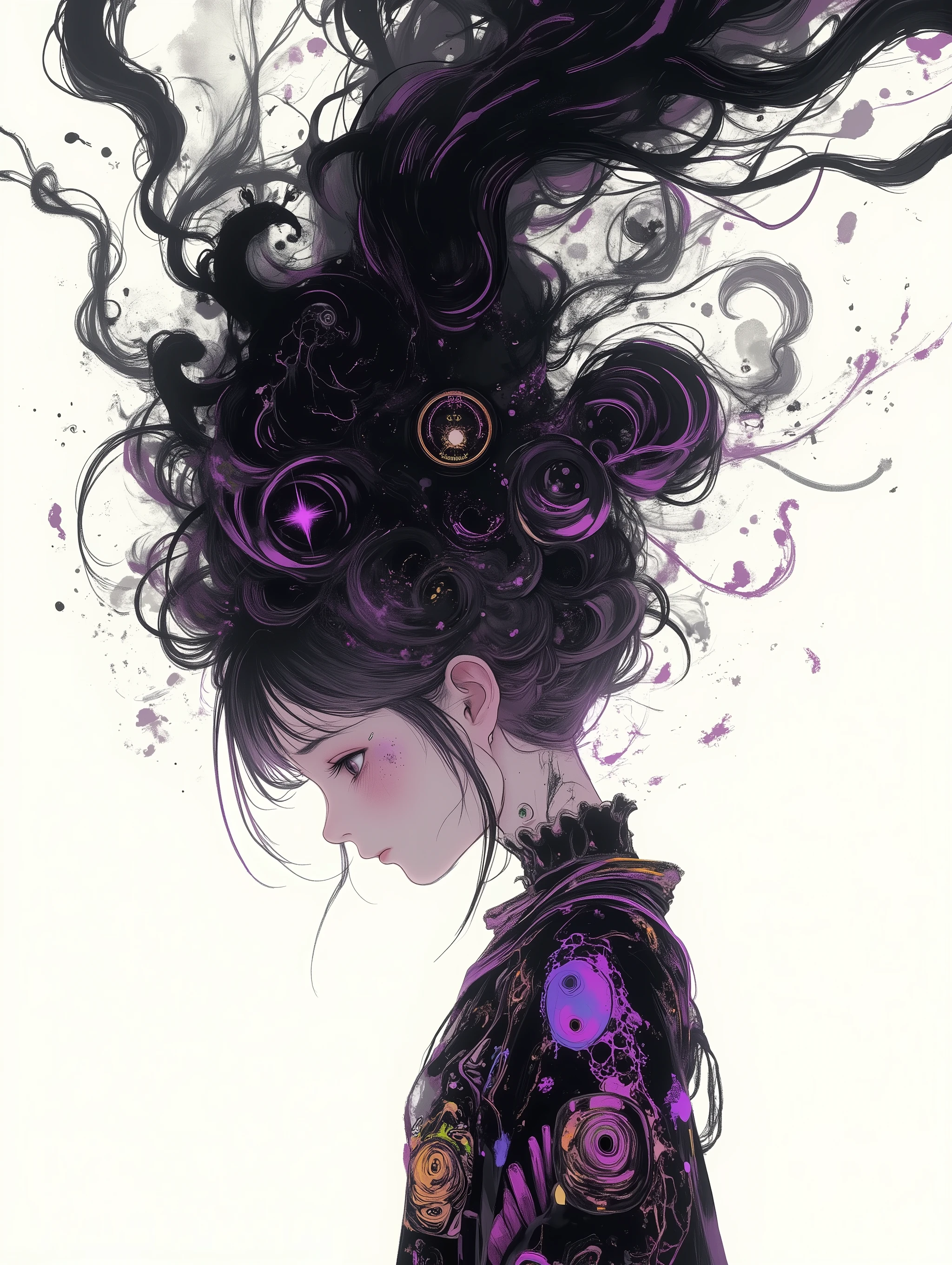 A hyper-detailed scene blending cartoon and psychedelic styles, featuring a girl shown in profile, her head bowed in deep melancholy, with a gothic aesthetic dominating her design. She has exaggerated cartoonish features—large, expressive eyes with a vacant stare—mixed with swirling, colorful psychedelic patterns in her hair and clothing, rendered in dark purples, blacks, and faint neon accents. The observer is positioned slightly distanced, capturing her somber pose against a stark white background that amplifies her isolation. A massive, shadowy black aura, resembling a ghostly phantom, emanates from her, swirling upward with tendrils of darkness, symbolizing profound depression and an eerie, otherworldly presence. The lighting is cinematic, with soft highlights on her face contrasting the dark aura, creating a haunting yet artistic mood. Ultra-realistic textures, 8K resolution, intricate details, shallow depth of field focusing on the girl.