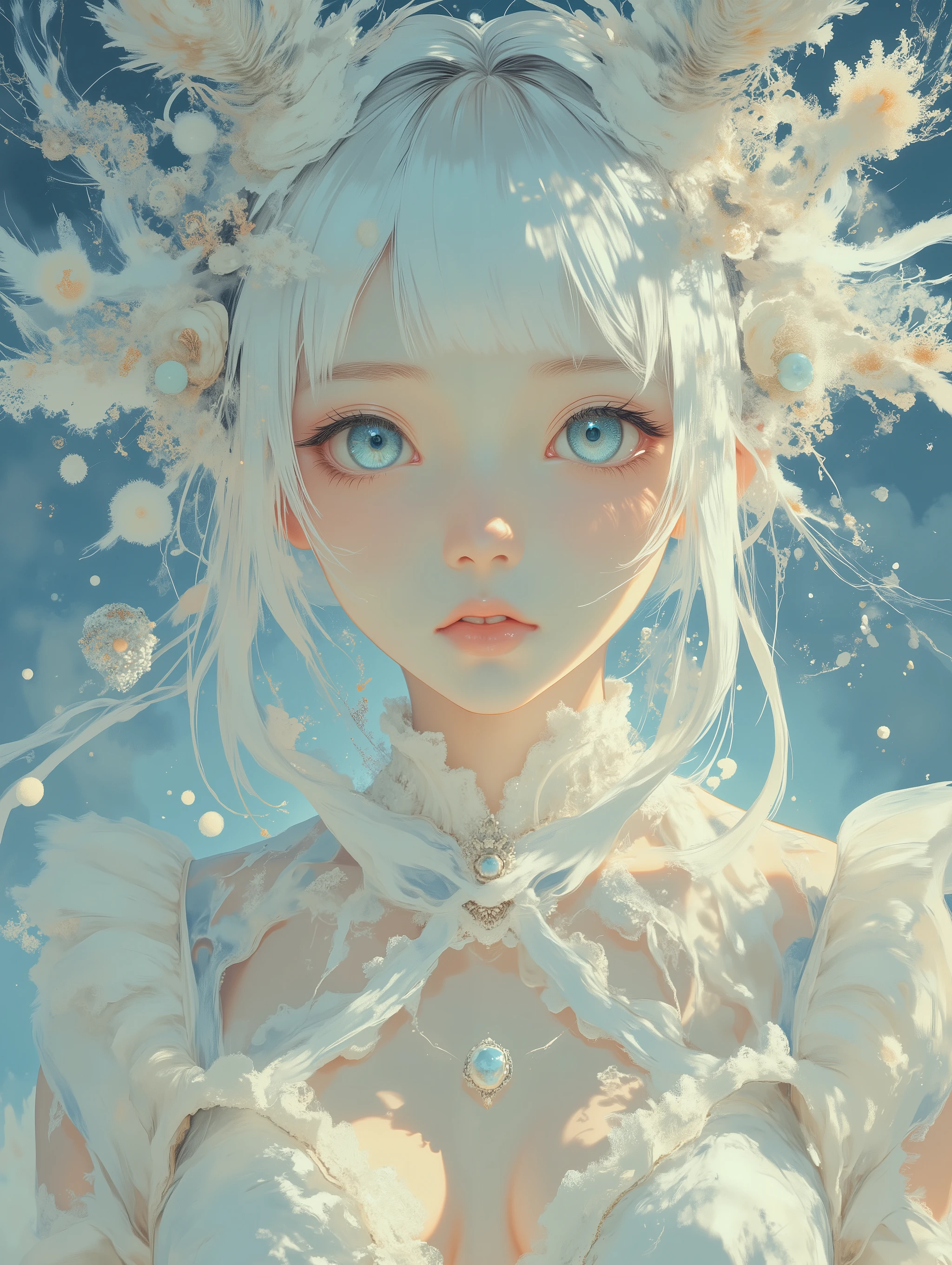 1girl, anime style, white hair, blunt bangs, looking at viewer, close up, ((exquisite and detailed attire, cleavage)),leaning forward, downblouse, masterpiece, ultra-HD, cinematic lighting, photorealistic, impressionism (1.5), high detail, depth of field, (blurred background), (dramatic lighting),masterpiece, best quality, very aesthetic, , 8k, high detail, A surreal portrait of pure aesthetic beauty   soft indigo light illuminating perfect symmetry, flowing fabrics in ivory and pastel tones, delicate fractals drifting through the air, and a serene, balanced composition that evokes harmony and grace. The scene feels timeless and ethereal, like beauty distilled into form and light itself.