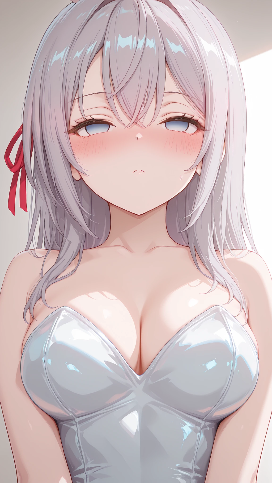 masterpiece,best quality,amazing quality,<lora:carlotta_wuwa_ilxl_goofy:1>carlottaWuwa, hairband,pink bow,striped bow,hair ornament,ahoge,medium ,  long hair,grey hair,parted bangs,   1girl, , , jewelry, earrings, bow, blush, open mouth,   collarbone, simple background, upper body, 