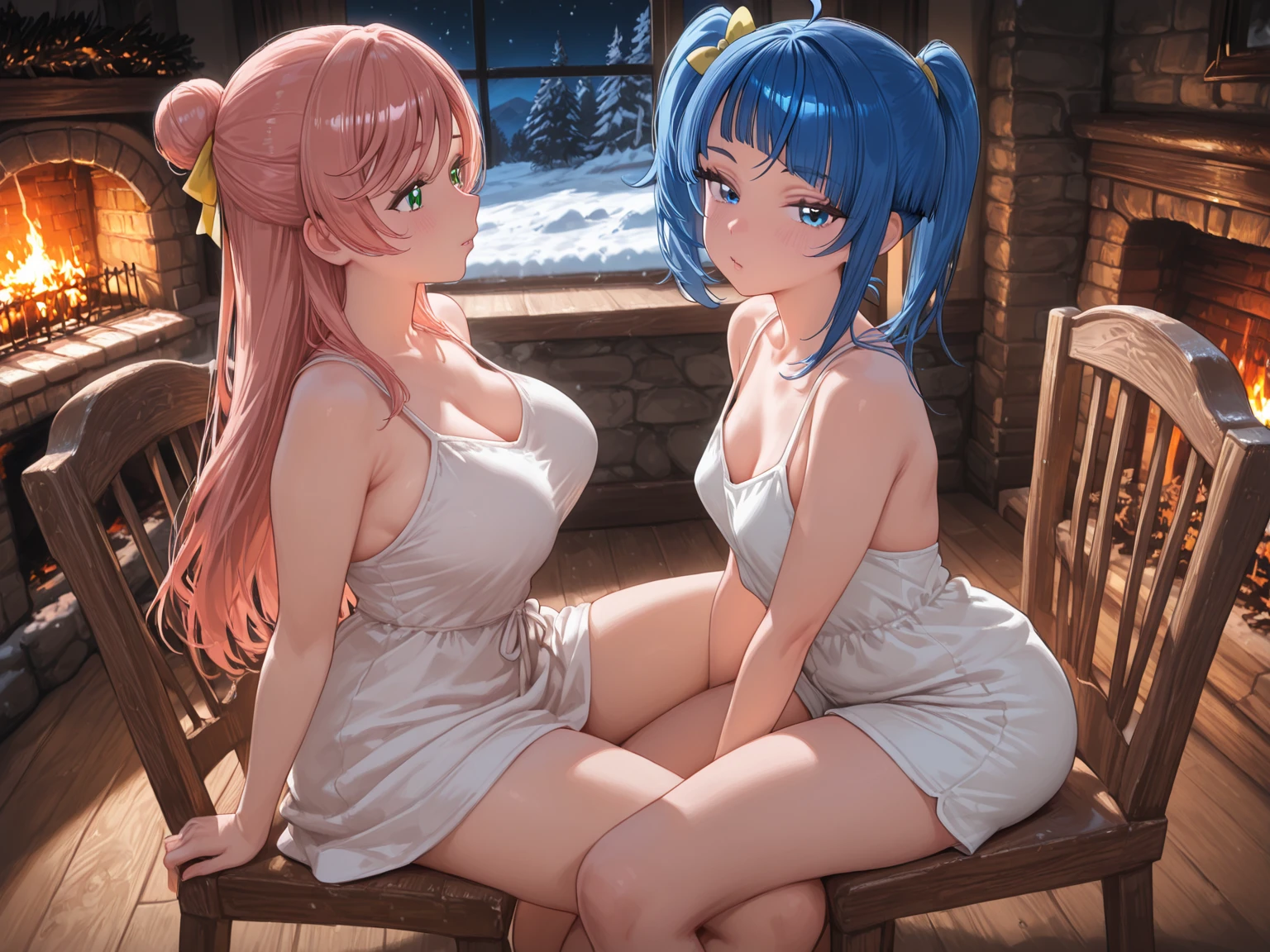 （8K ，hyper-detailing，ultra real photo，Best masterpiece，natural，Perfect artwork，Perfect female body），Two cute busty girls ，rainbow hair，（Raised sexy，humongous large breast），The neighbor's wife，A woman's hairstyle，Elegant wife，In the kitchen，Delicate and  Mori Aya，穿Raised 的毛衣，White suspender stockings，The cracks are relatively large，，elastic muscles，凸起Raised sexy，The  is exposed ，，Full body photo