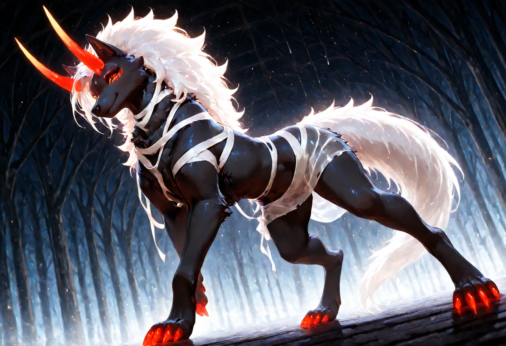 sharrax, ((((feral)))), ((female)), straight glowing horns,red glowing claws, pitch black body fur, luminous white mane, luminous white-black tail,abstract painting, jet black background , 8K resolution, High detail, light cross-laced clothes, navel, white see-through tied skirt, dutch angle, (masterpiece, best quality, ultra-detailed, anime style, high resolution), looking at viewer, sharp eyeliner, eyeshadow, mummy costume, full-body bandages, , (blush), anime aesthetic with dynamic and bold style, (Halloween background), ,thighs, smile,