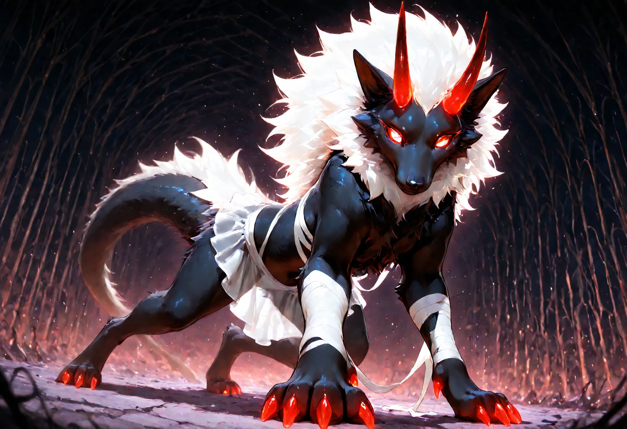 sharrax, ((((feral)))), ((female)), straight glowing horns,red glowing claws, pitch black body fur, luminous white mane, luminous white-black tail,abstract painting, jet black background , 8K resolution, High detail, light cross-laced clothes, navel, white see-through tied skirt, dutch angle, (masterpiece, best quality, ultra-detailed, anime style, high resolution), looking at viewer, sharp eyeliner, eyeshadow, mummy costume, full-body bandages, , (blush), anime aesthetic with dynamic and bold style, (Halloween background), ,thighs, smile,