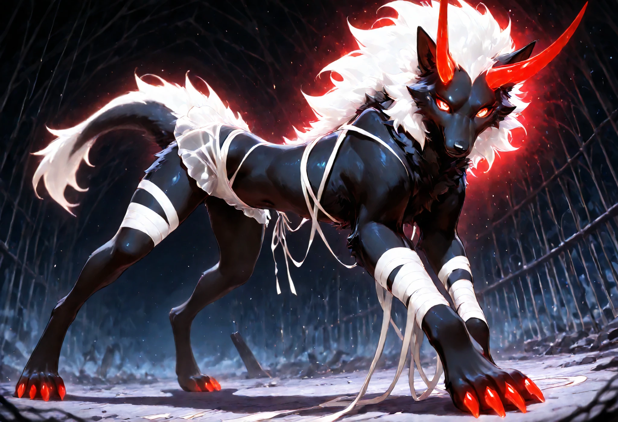 sharrax, ((((feral)))), ((female)), straight glowing horns,red glowing claws, pitch black body fur, luminous white mane, luminous white-black tail,abstract painting, jet black background , 8K resolution, High detail, light cross-laced clothes, navel, white see-through tied skirt, dutch angle, (masterpiece, best quality, ultra-detailed, anime style, high resolution), looking at viewer, sharp eyeliner, eyeshadow, mummy costume, full-body bandages, , (blush), anime aesthetic with dynamic and bold style, (Halloween background), ,thighs, smile,