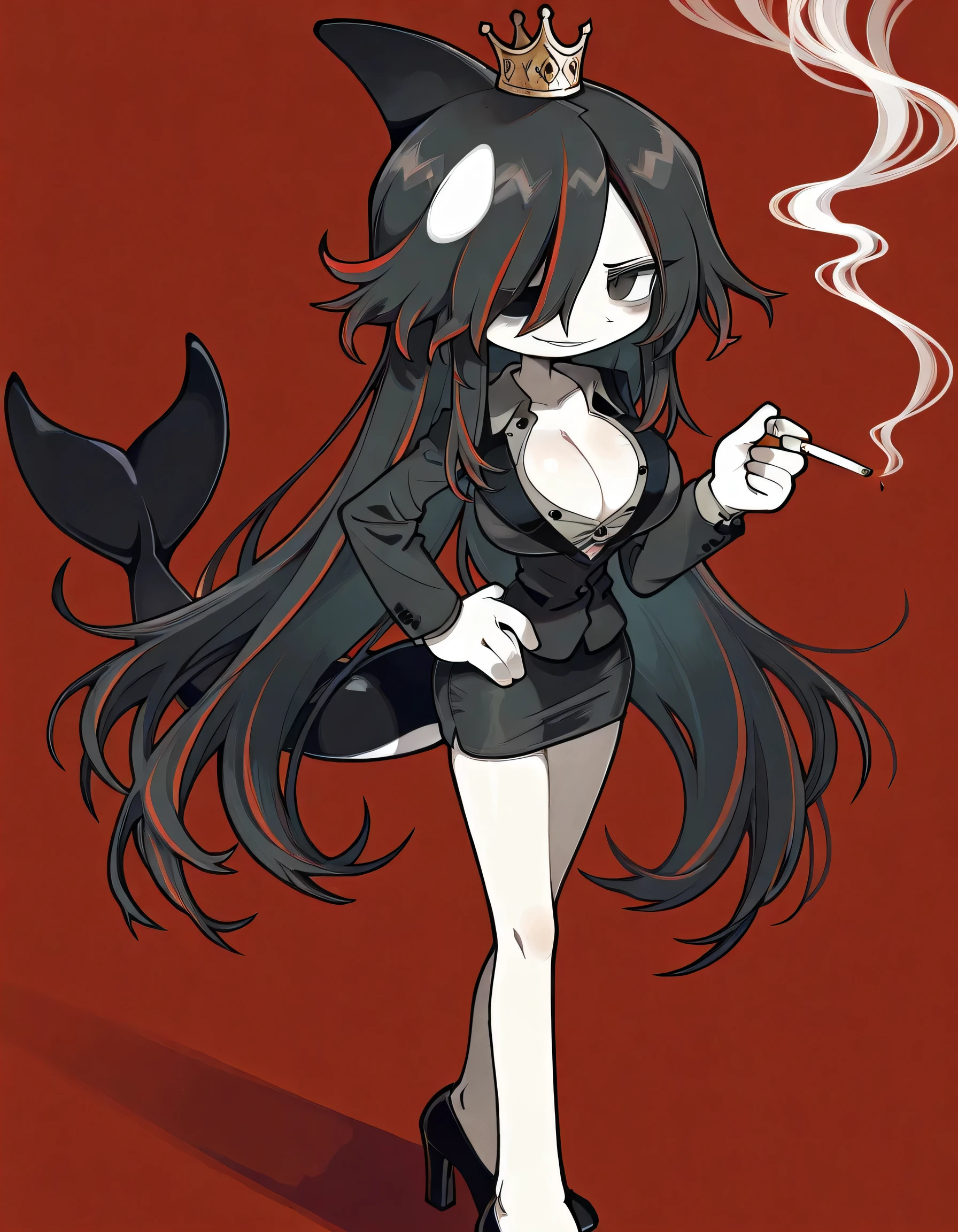 masterpiece, ultra-HD, impressionism, high detail, best quality, very aesthetic, 8k, best quality, beautiful, tmchng, 1girl , solo , pale skin , very long black hair , hair covered one eye , black eye , no eye reflex , smirk , black suit , gray shirt , straight mini skirt , big breast , unbuttoned , cleavage , orca tail , dorsal fin on head , hand on hip , smoking cigarettes , thighs , long legs , heels , full body , looking at viewer, streaked hair , red background , from above