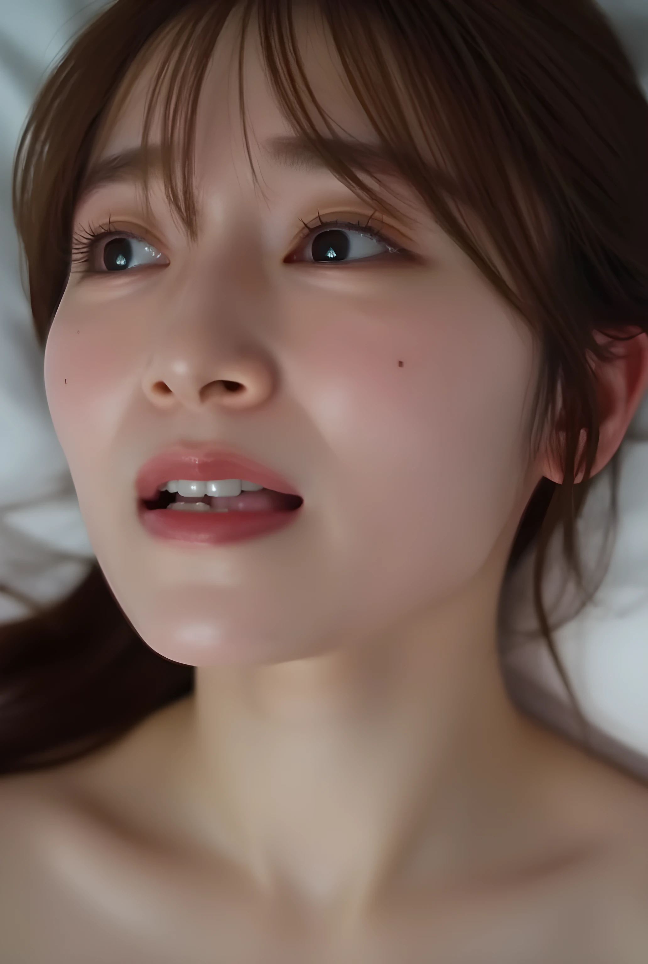 Score_9, Score_8+, Score_7+, Score_6+, Score_5+, Score_4+, 8K, Ultra HD, ((Highest Quality: 1.4, Masterpiece: 1.4, Ultra High Resolution: 1.4, High Resolution Raw Color Photography: 1.3, Photorealistic: 1.4, Unparalleled Detail: 1.4)), (((This image depicts a beautiful Japanese girl: 1.5))), ((She is facing me from the front: 1.5, Close-up from collarbone to head: 1.4)), ((Her mouth is in the position of a kiss with a member of the opposite sex: 1.5)), (((Her face is glistening with saliva as if she had just had sex: 1.5))), Looking up, Climax expression of sexual satisfaction, Eyes closed, Mouth open, Sweaty skin, ((Crying face, Frowning, Eyes closed, Mouth open, Face facing up)), ((She is in a state of intense ecstasy: 1.5, her brows are furrowed: 1.3, her eyes are closed: 1.5), (((She throws her head back: 1.4, her nose is turned up so you can see inside her nostrils: 1.5))), (She has her mouth open and can't close it completely: 1.4). ((Pale skin, no makeup: 1.4, cheekbones, nasolabial folds, dimples, delicate facial and skin detail: 1.4, very oily skin: 1.5, finely detailed pores: 1.4)), accurate anatomy: 1.4, correct human structure: 1.4, ((Reddish-brown hair: 1.5, long wet hair: 1.5)), completely nude, in a hotel bed: 1.4, there is no one in my field of vision but her, the background is blurred. Cinematic lighting, even lighting, no strong shadows, no text.