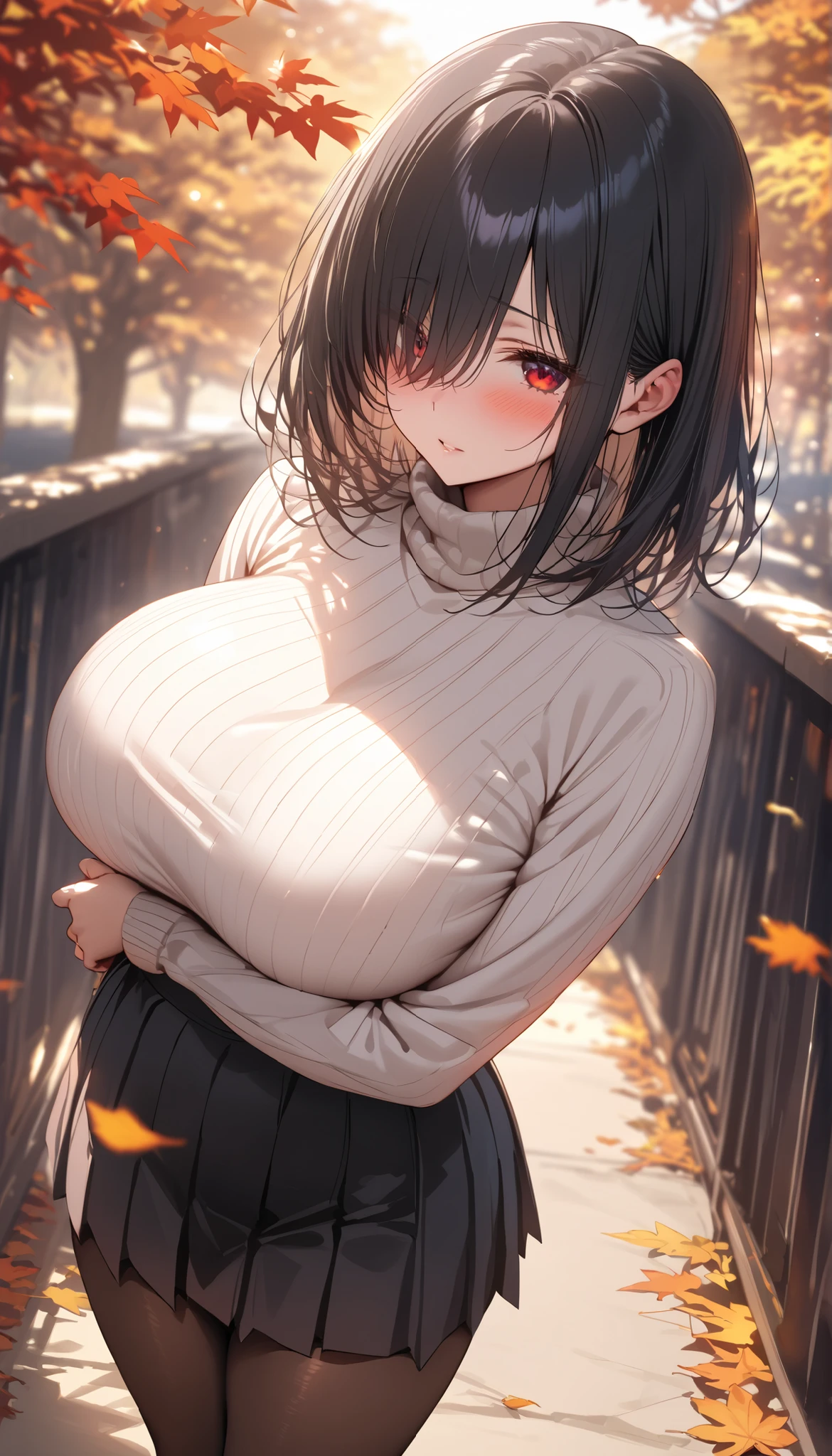 (masterpiece, Highest quality:1.2), (1girl), alone, medium hair, black hair, straight hair, hair over eyes, hair over one eye, hair over right eye, high detail, (wite high neck sweater), detailed eyes, huge breast, (red eyes), volumetric light, sunlight, blush, lovely wife, black pleated skirt, standing, black pantyhose, autumn