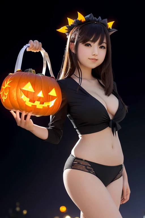 (masutepiece:1.3), (8K, Photorealistic, Raw photo, Best Quality: 1.4), Japanese, (1girl in), Beautiful face, (Realistic face), (Black hair), Beautiful hairstyle, Realistic eyes, Beautiful detailed eyes, (Realistic skin), Beautiful skin, Attractive, 超A high resolution, A hyper-realistic, Highly detailed, Golden ratio、foco nítido:1.2、Beautiful woman with perfect body:1.4、Slim abdomen:1.2、((Layered Haircut、The large:1.2))、(no-bra)(Small beautiful hard(Thin, moist buttons up to shirt length:1.1)、(Halloween costumes wet in the rain)、a street、wetbody:1.1、Highly detailed facial and skin texture、A detailed eye、二重まぶた、 skin tanned、A sexy、sun burn、乃木坂アイドル、韓国アイドル、hposing Gravure Idol、(Cute pumpkin costume:1.3)、(huge-breasted, cleavage:1.3), (:1.3),(Night),(Glamour), (NSFW),(Night),((Colorful micro bikini))、Black cat ears and tail, Smiling at a pumpkin lantern