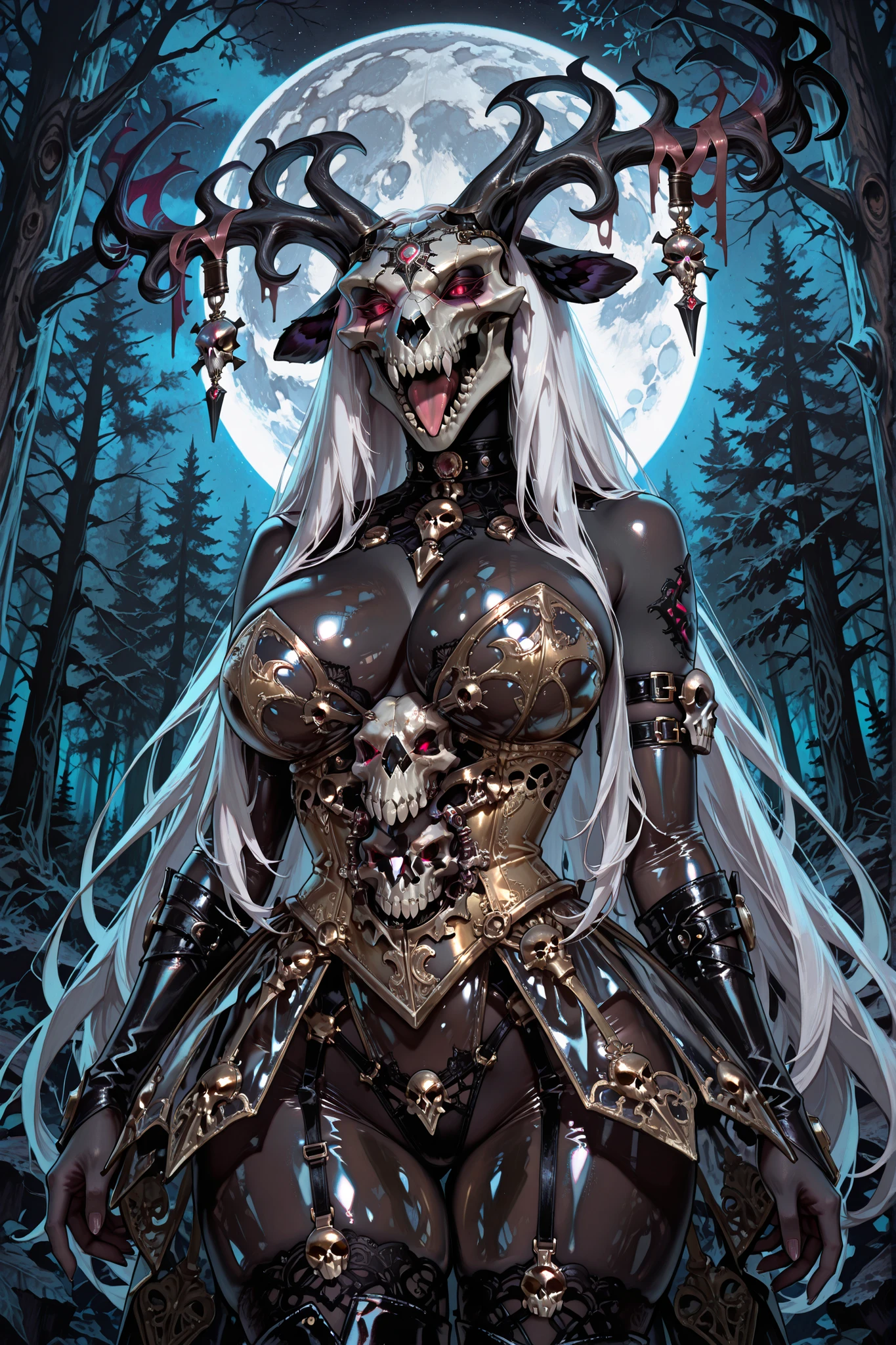 TPvolibear, Skull Head, gold corset, skirt, panties, see-through, strapless, skulls,transparent bodysuit, , bare shoulders,black bridal gauntlets, arm straps, neck strap, no thong, no pants ,black thigh boots, garter straps,, ,TransparenLatex_L1,transparent latex, Antlers, Skull Head, solo, white goat Skull, many straight up horns, The skull's mouth is open, the tongue is visible, a mystical horror atmosphere, straight horns ,black skin, portrait, black stockings, clothes, beautiful figure, white flyffu hair, very long white hair, black skin, gloss light black skin, gloss skin, silicone large breasts, red glowing eyes,third red eye in the center of the forehead, detailed red eyes, ,dark, detailed skin texture, (blush:0.5), (goosebumps:0.5), (intricate details:0.9), (hdr, hyperdetailed:1.2), steampunk,skin tight,shiny clothes, solo, subsurface scattering, epic detailed, cowboy shot, moon, forest
