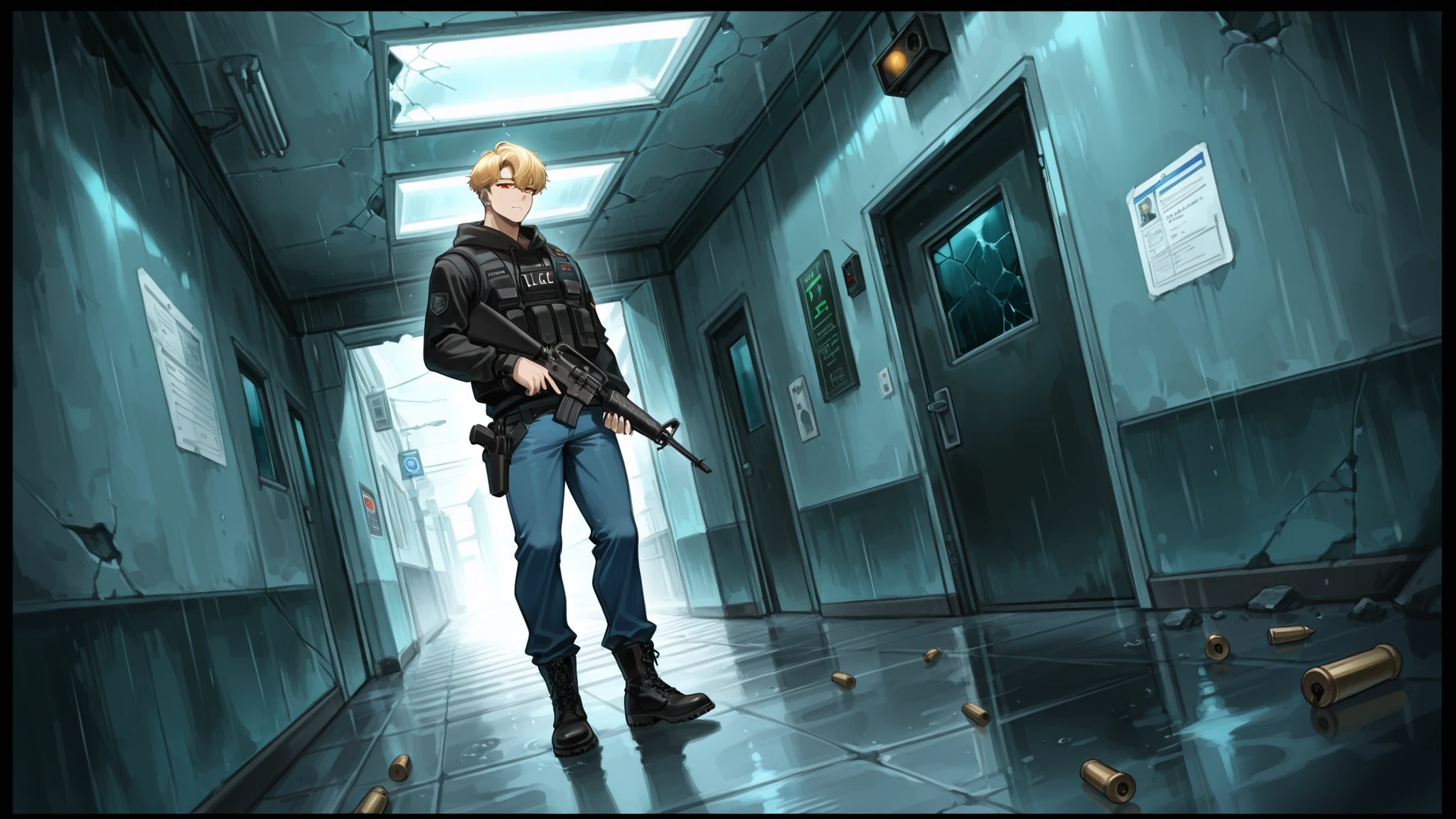 c-m16, holding m16,, 1boy, 28 years old, solo, male focus, Cyberpunk anime illustration of a grim cyber-police detective standing in the aftermath of a tense confrontation inside a rain-soaked motel hallway, holding his M16A2 rifle lowered but still ready. The detective — a light-skinned man in his late twenties with short blonde hair (side-parted, swept back on the right, forward on the left) and sharp amber eyes — wears a black hoodie with a red-and-white rectangular patch, a black tactical vest with pouches, blue jeans, and black combat boots. His New York Police Department patch is visible on his left bicep, and a white square insignia with a black border** on his right.
He wears dark teal-lensed sunglasses and a silver ear cuff on his left ear. His left cybernetic arm glows faintly teal, with articulated mechanical fingers, while his right black-and-silver bionic arm shows an exposed elbow joint reflecting dim light. A black handgun rests holstered on his right thigh.
The hallway is littered with evidence of the confrontation — spent shell casings, cracked walls, flickering lights, and faint smoke drifting in the air. Rainwater drips through a broken ceiling, forming puddles that reflect the neon light streaming in from a shattered window.
The suspect lies subdued and handcuffed near a door, a holographic ID chip flickering on the floor beside him, glowing faint blue. The detective looks down at the evidence, his expression unreadable — a moment of calm after chaos. The glowing chip projects fragmented data, including a corporate logo, encrypted files, and a mysterious symbol that hints at a larger cybercrime conspiracy.
The atmosphere is somber yet charged, filled with neon reflections, low fog, and cinematic shadows. The camera angle captures him from a low, slightly tilted Dutch angle, emphasizing solitude, exhaustion, and purpose.