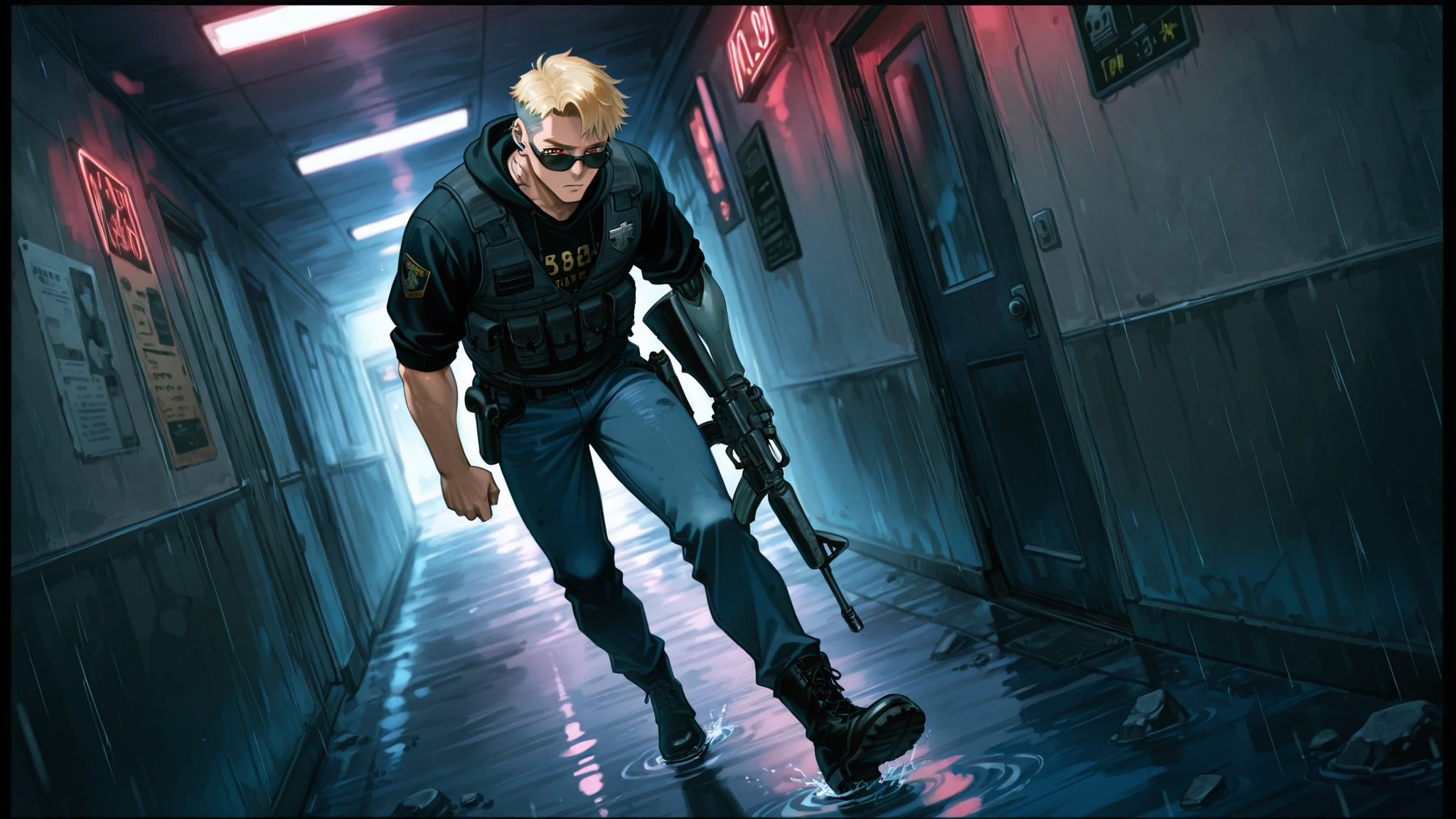 c-m16, holding m16,, 1boy, 28 years old, solo, male focus, Cyberpunk anime illustration of a grim cyber-police detective confronting a criminal suspect in the rain-soaked motel hallway. The detective — a light-skinned man in his late twenties with short blonde hair (side-parted, swept back on the right, forward on the left) and amber eyes — wears a black hoodie with a red-and-white rectangular patch, layered over a black tactical vest with pouches, blue jeans, and black combat boots. A New York Police Department patch is visible on his left bicep, and a white square insignia with a black border on his right.
He wears dark teal-lensed sunglasses and a silver ear cuff on his left ear. His left cybernetic arm is silver and teal, featuring articulated fingers; his right prosthetic arm is black and silver, with a visible elbow joint. A black handgun is holstered on his right thigh, while he aims his M16A2 rifle toward a shadowy figure at the end of the corridor.
The hallway is narrow and dim, lined with flickering lights and peeling wallpaper, littered with debris and shattered glass. Water drips from broken pipes as neon light from outside filters through dirty windows, creating streaks of blue and crimson reflections across the walls.
The suspect, partially silhouetted, raises his hands or stands tense near a door marked with faded numbers, backlit by the soft neon glow. The atmosphere is drenched in rain and tension — a final standoff between hunter and hunted.
Cinematic composition with a Dutch angle, low camera perspective, and shallow depth of field. The scene emphasizes light contrast, muzzle-ready tension, and cyberpunk noir atmosphere with subtle bokeh effects and realistic reflections.