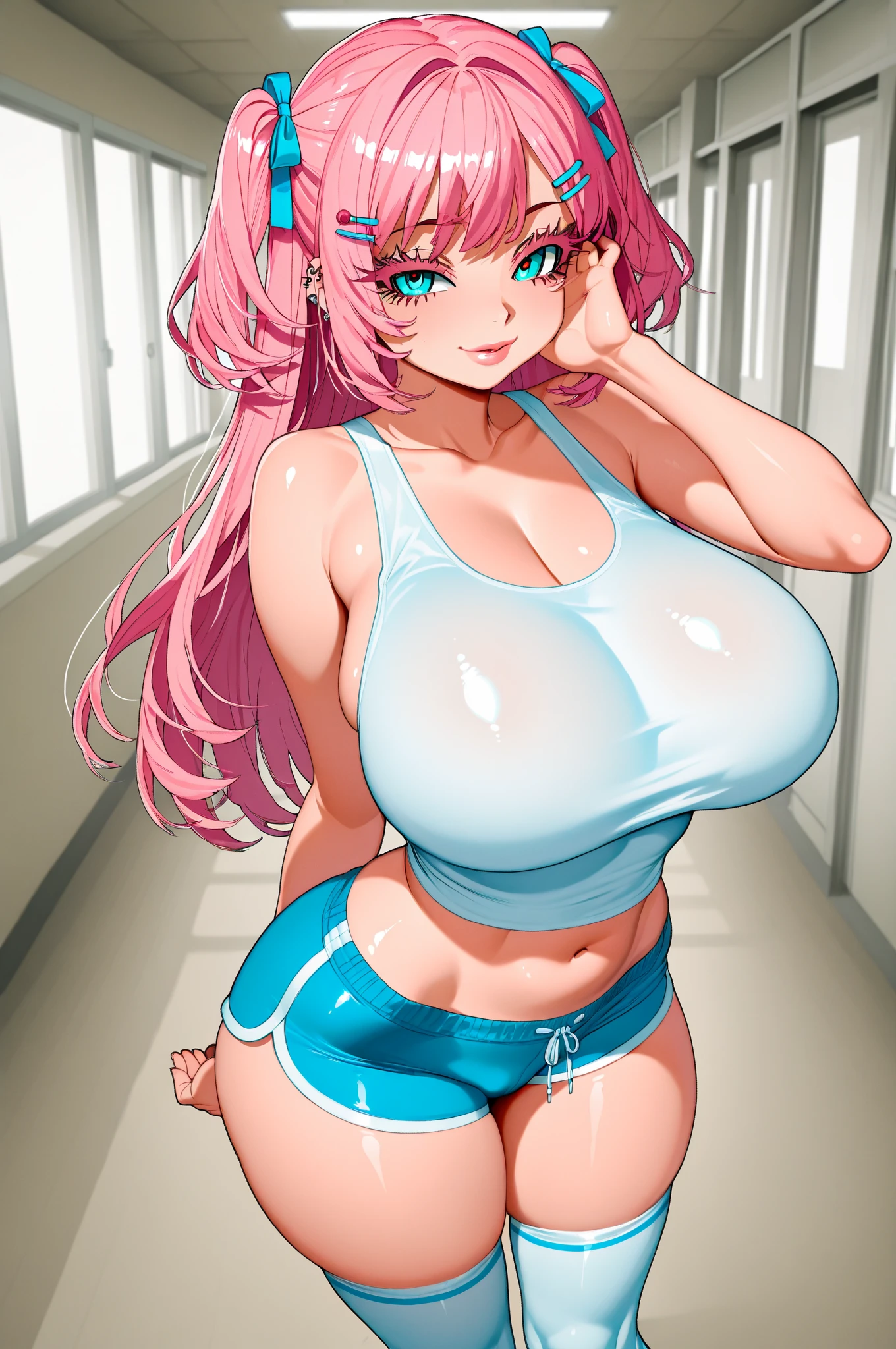 ((best quality)), ((masterpiece)), (detailed), perfect face,blue eyes , athletic , scared face ,pink hair ,wet , ponytail hair ,very ???????????? ,pink sport bra , blush , Wet , Heating , in the locker room , broken sport bra