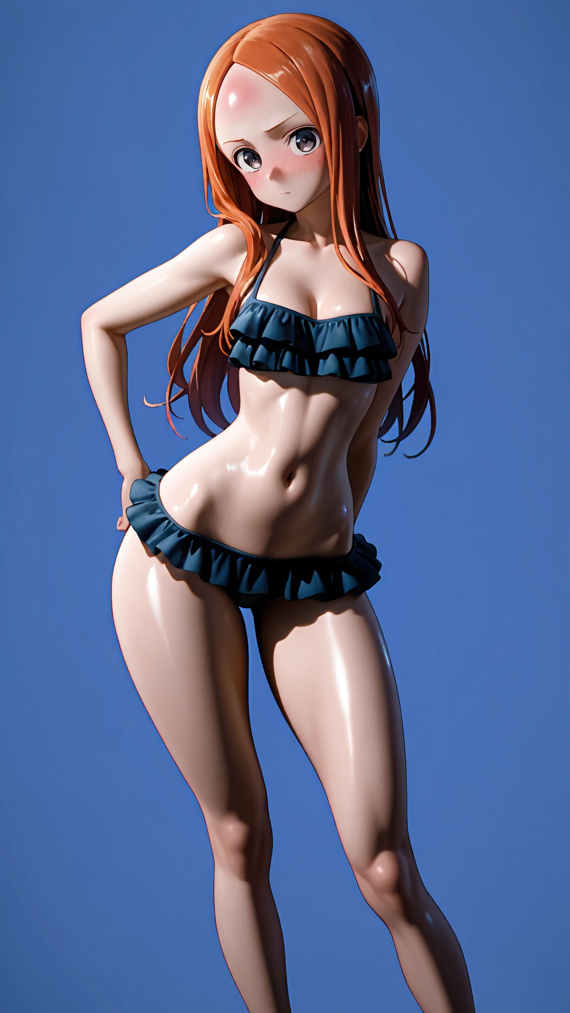 ((Best Quality)), ((Masterpiece)), (((detailed character sheet, frontal view, side view, three quarter view))) white background、one piece、whole body、whole bodyイラスト、whole bodyアニメーション、whole bodyリファレンスシート、Long Hair、Orange Hair、Heighten your head、smile、Cute face、Narrow waist、Long legs、Beautiful feet、9 heads body、beautiful lady、small head、3D、swim wear