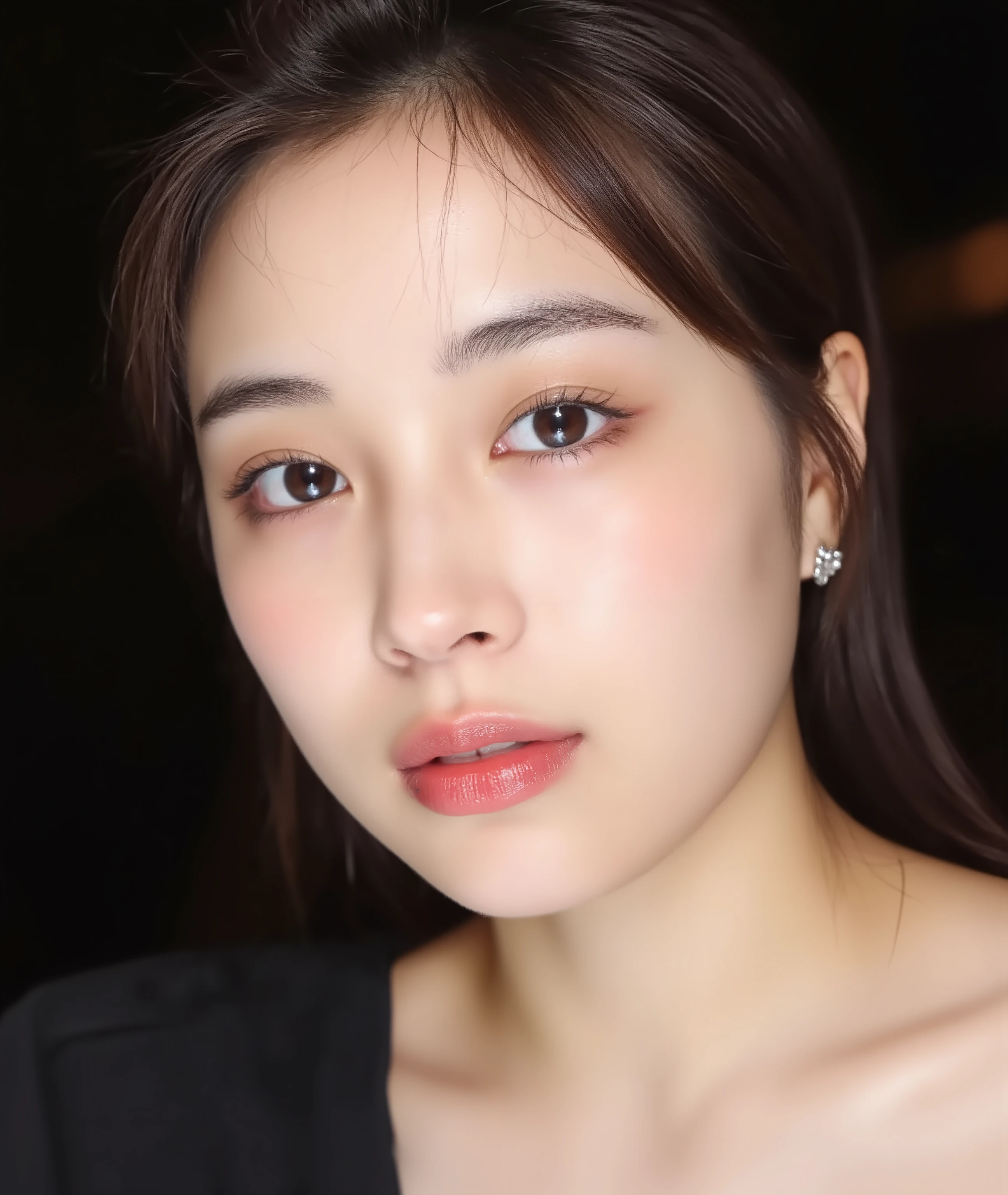 The image is a close-up photograph of a young Asian woman with a fair complexion. Her face dominates the frame, occupying the majority of the image, with her eyes, nose, and lips prominently visible. She has large, almond-shaped eyes with long, thick eyelashes, and her skin is smooth and soft. Her lips are full and slightly parted, revealing a natural, rosy hue. She wears a small silver stud earring in her left ear, adding a subtle touch of personal style.
Her hair is long, dark brown with subtle highlights, and it partially covers her forehead, giving a slightly tousled, casual look. The background is out of focus, but it appears to be a dark, possibly indoor setting, which emphasizes her face and provides a stark contrast to her light complexion. She is wearing a black garment, possibly a top or a sleeve, which is visible at the bottom of the image. The overall mood of the photograph is intimate and personal, capturing a candid moment with a natural, unfiltered aesthetic.