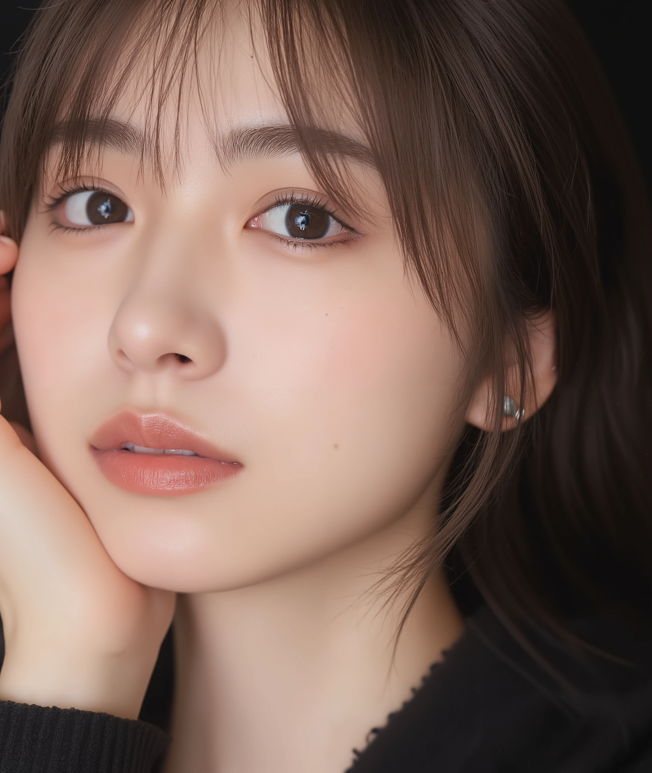 The image is a close-up photograph of a young Asian woman with a fair complexion. Her face dominates the frame, occupying the majority of the image, with her eyes, nose, and lips prominently visible. She has large, almond-shaped eyes with long, thick eyelashes, and her skin is smooth and soft. Her lips are full and slightly parted, revealing a natural, rosy hue. She wears a small silver stud earring in her left ear, adding a subtle touch of personal style.
Her hair is long, dark brown with subtle highlights, and it partially covers her forehead, giving a slightly tousled, casual look. The background is out of focus, but it appears to be a dark, possibly indoor setting, which emphasizes her face and provides a stark contrast to her light complexion. She is wearing a black garment, possibly a top or a sleeve, which is visible at the bottom of the image. The overall mood of the photograph is intimate and personal, capturing a candid moment with a natural, unfiltered aesthetic.