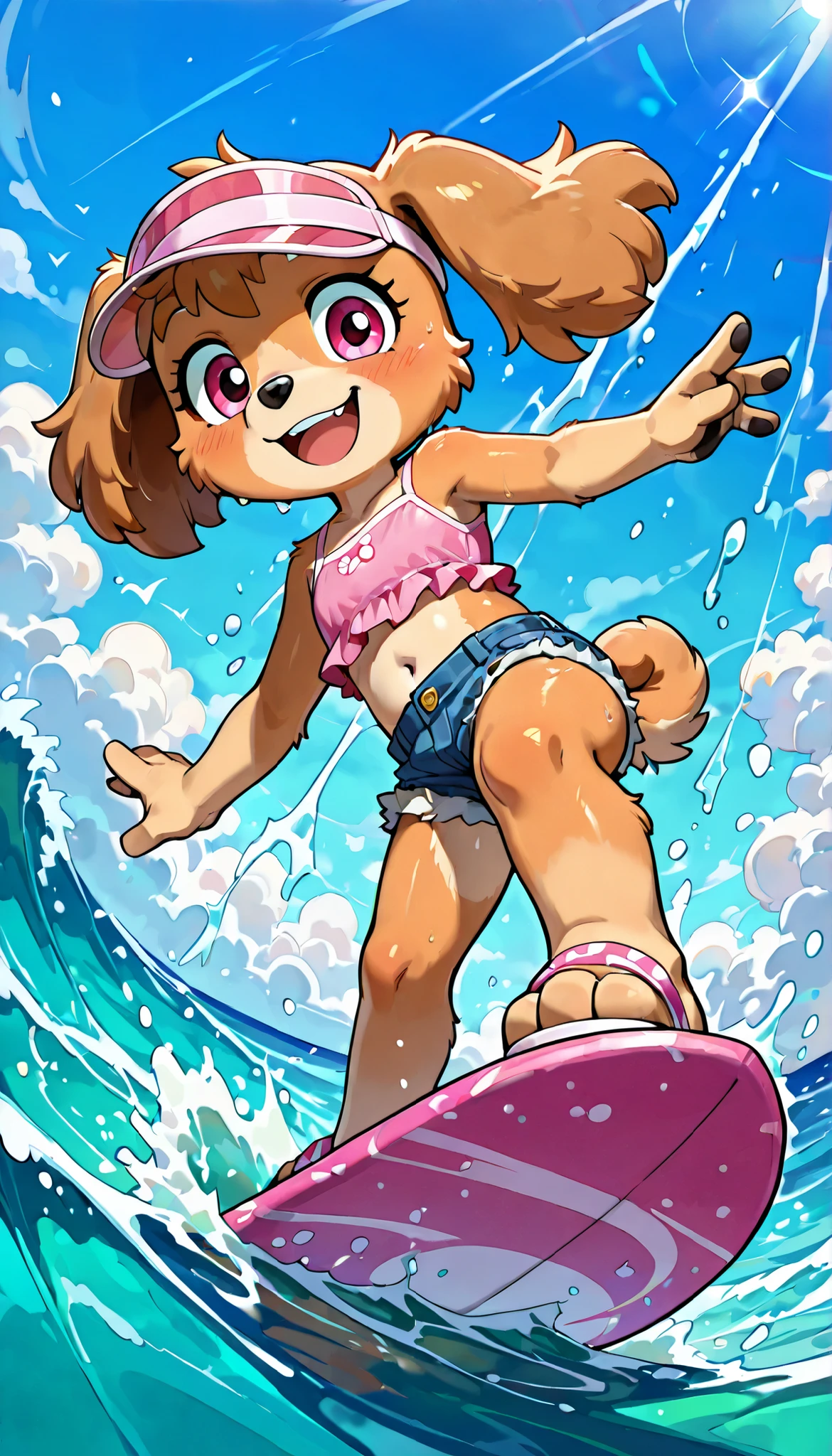 score_9, score_8_up, score_8, source_cartoon, source_furry, 1girl, solo, Skye(PP), dog, anthro, dog, furry, Cockapoo, pink eyes, golden-brown body fur, golden-brown hair, cute face, 4 fingers, ((pink visor cap, pink frilly tankini, midriff, denim shorts, sandals)), full body, feets with three toes, sea on background, confident face, short body, thin body, glistering body, shiny body, (Small, Short:1.1), (young cub:1.2), looking at viewer, surfing, anime style, thick outline, surfing, standing on a surfboard, outside, The beautiful blue sea, waves, sky, open mouth, low angle view,