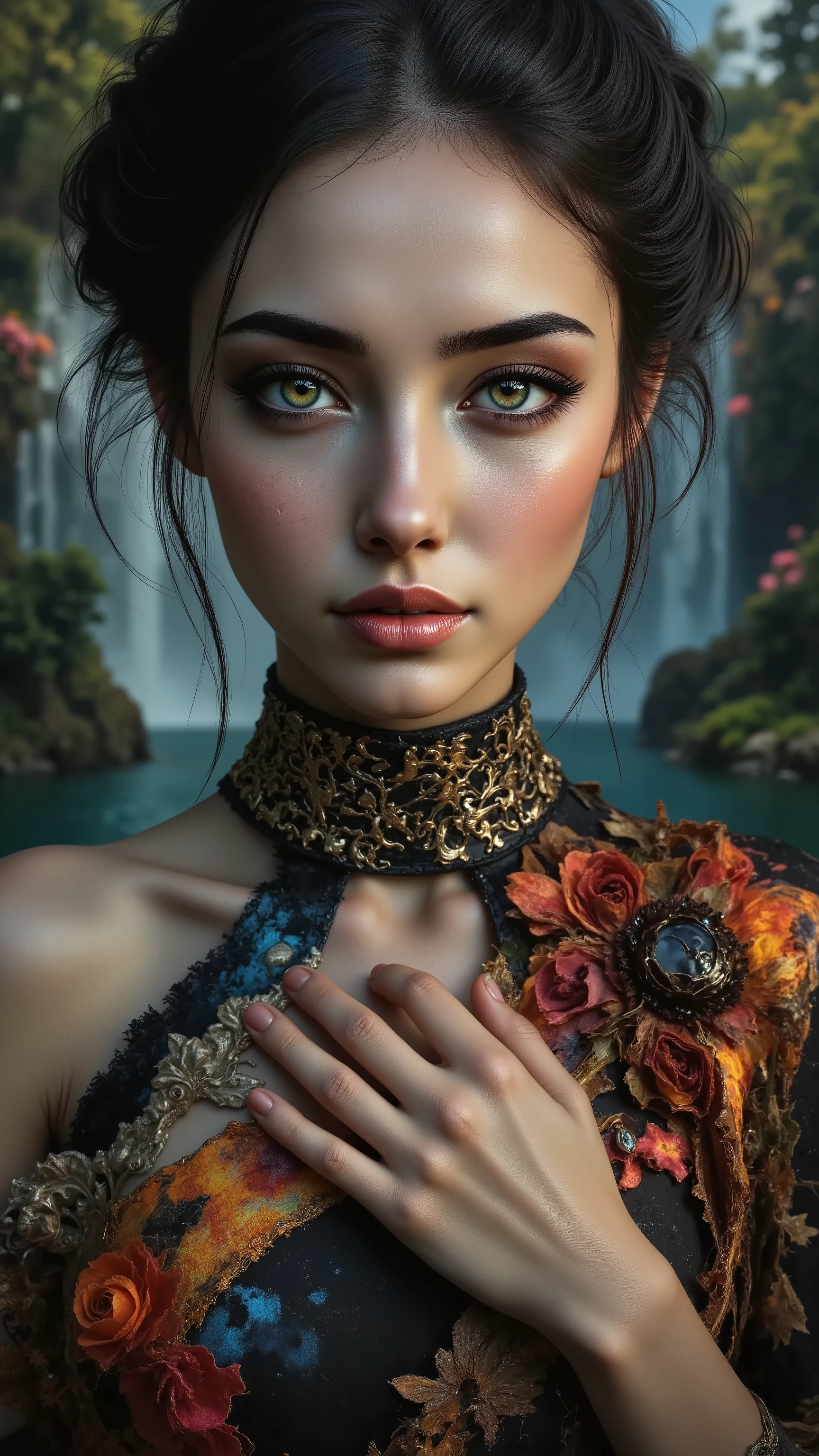 Ultra-realistic (photorealistic Realism) , "UHD, Hyper high resolution" - "(Hyper quality, intricately ultra-detailed digital art)" (Key Directive: - ("The priority is the anatomical accuracy and texture of the materials" - "Ultra-sharp human eyes with biological accuracy") (realistic texture details: velvety skin, hair), long Lashes: individual synthetic fibers (crosshatched roots:1 . 2 , clump-free separation), { "Eyes:(acid-resistant terminology) (macro-details:1.5): * Moist corneal surface (visible aqueous layer:1.2) * Hyper-detailed iris eyes (green) * Precise limbal ring (slightly darker pigmentation:1.3) * Pupil micro-texture (irregular edge authenticity:0.9) * Vasculature in sclera (subtle blue veins radiating from limbus)" } (Avoid: "pupil distortion , uncanny valley asymmetry , plastic-like wetness"),detailed portrait of a princess wearing a luxurious fur robe over a royal dress, she has a warm smile on her face, lush waterfall in the background, colorful flowers surrounding her, highly detailed, 8k, photorealistic, realistic lighting, professional digital art, dramatic fantasy style, oil painting, vibrant colors, intricate details, h4nd