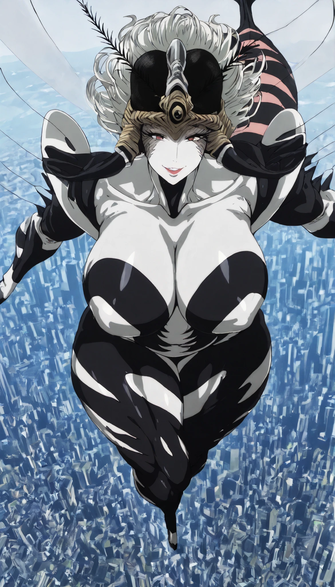 High Quality, masterpiece, super high resolution bewitching female monster girl, Confident Expression, half-open lips, Glamorous Eyes, Mysterious Smile, supple body line, Soft Focus Effect, plump and plump bust, plump and soft breasts, Flushed skin, Glamorous Expression, 色っぽいhalf-open lips, Fractured Chest, gaze effect concentrating on the chest, thick muscular thighs, wide curvy hips, voluptuous body, Curvy body, thicc woman, in air, flying, top view, dynamic pose, full body, city in background, back view of her, huge mosquito tail.