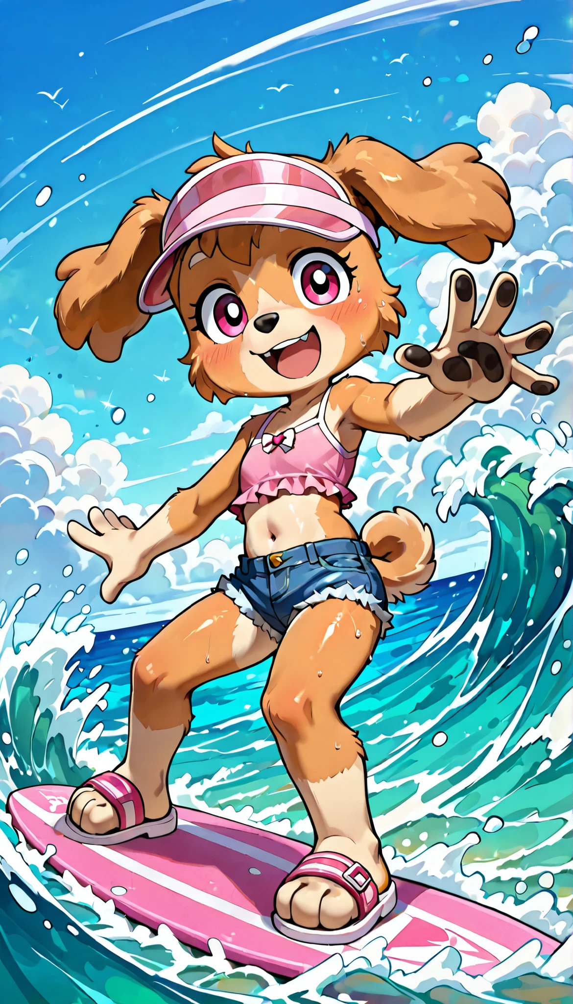 score_9, score_8_up, score_8, source_cartoon, source_furry, 1girl, solo, Skye(PP), dog, anthro, dog, furry, Cockapoo, pink eyes, golden-brown body fur, golden-brown hair, cute face, 4 fingers, ((pink visor cap, pink frilly tankini, midriff, denim shorts, sandals)), full body, feets with three toes, sea on background, confident face, short body, thin body, glistering body, shiny body, (Small, Short:1.1), (young cub:1.2), looking at viewer, surfing, anime style, thick outline, surfing, standing on a surfboard, outside, The beautiful blue sea, waves, sky, open mouth, dynamic angle view,