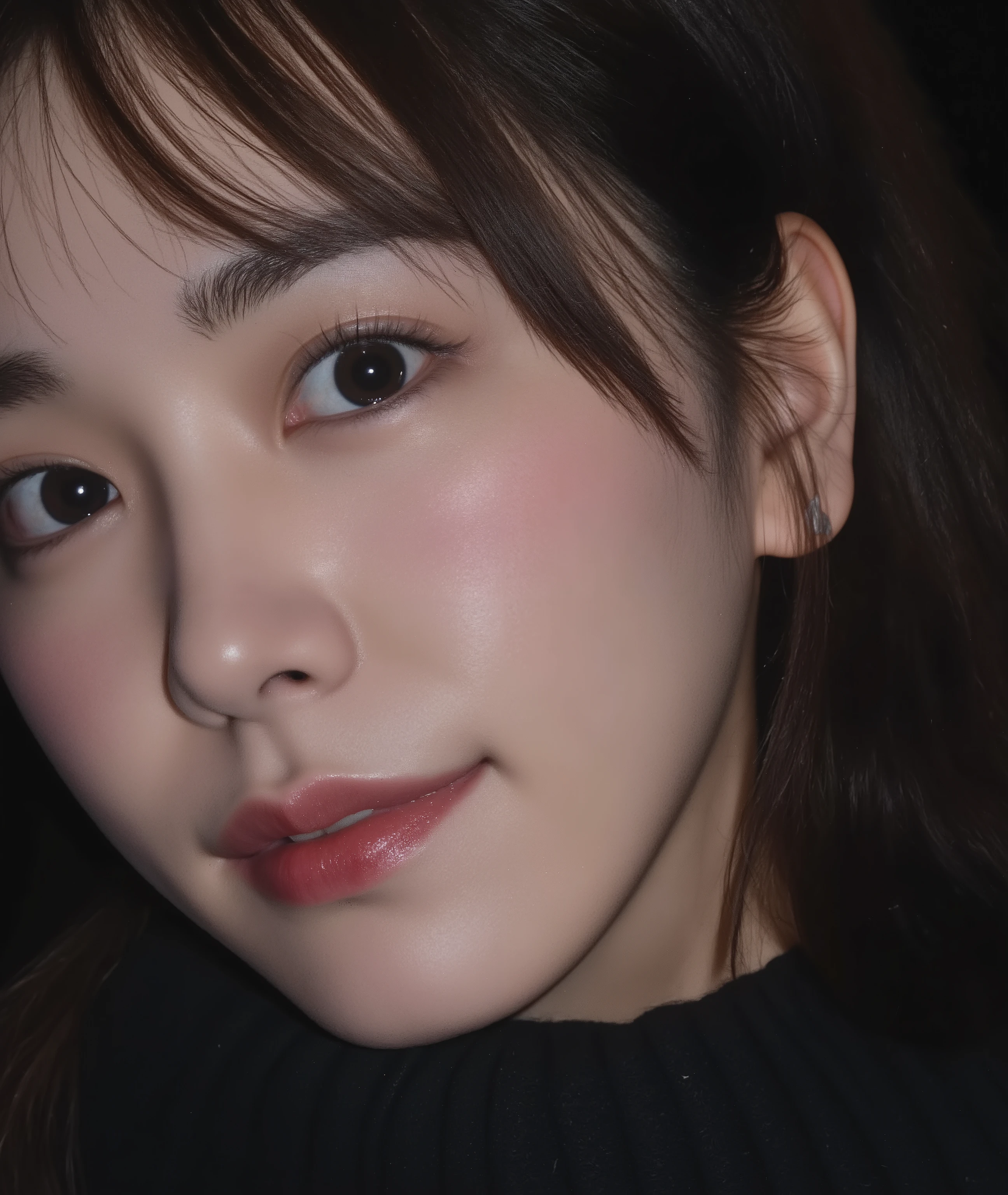 The image is a close-up photograph of a young Asian woman with a fair complexion. Her face dominates the frame, occupying the majority of the image, with her eyes, nose, and lips prominently visible. She has large, almond-shaped eyes with long, thick eyelashes, and her skin is smooth and soft. Her lips are full and slightly parted, revealing a natural, rosy hue. She wears a small silver stud earring in her left ear, adding a subtle touch of personal style.
Her hair is long, dark brown with subtle highlights, and it partially covers her forehead, giving a slightly tousled, casual look. The background is out of focus, but it appears to be a dark, possibly indoor setting, which emphasizes her face and provides a stark contrast to her light complexion. She is wearing a black garment, possibly a top or a sleeve, which is visible at the bottom of the image. The overall mood of the photograph is intimate and personal, capturing a candid moment with a natural, unfiltered aesthetic.