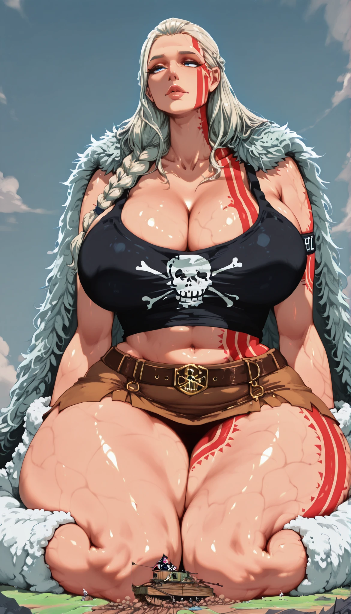 RIpleyOP, 1woman, mature, solo, giant woman, giantess, hiny and smooth skin, long hair, light hair, braids, bangs, lips, blue eyes, large ,  thick plumpy thighs, wide curvy , voluptuous body, Curvy body, thicc woman, cleavage, dark tank top, Jolly Roger on tank top, fur fluffy cape, navel, midriff, groin, short skirt held up by leather belts, fuzzy boots wrapped in bands, red streamlined tattoo, red streamlined tattoo on face, wide , belt, armband, sitting on ground, legs covering her below area