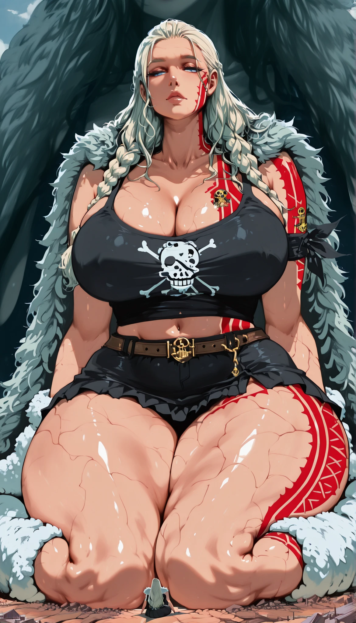 RIpleyOP, 1woman, mature, solo, giant woman, giantess, hiny and smooth skin, long hair, light hair, braids, bangs, lips, blue eyes, large ,  thick plumpy thighs, wide curvy , voluptuous body, Curvy body, thicc woman, cleavage, dark tank top, Jolly Roger on tank top, fur fluffy cape, navel, midriff, groin, short skirt held up by leather belts, fuzzy boots wrapped in bands, red streamlined tattoo, red streamlined tattoo on face, wide , belt, armband, sitting on ground, legs covering her below area