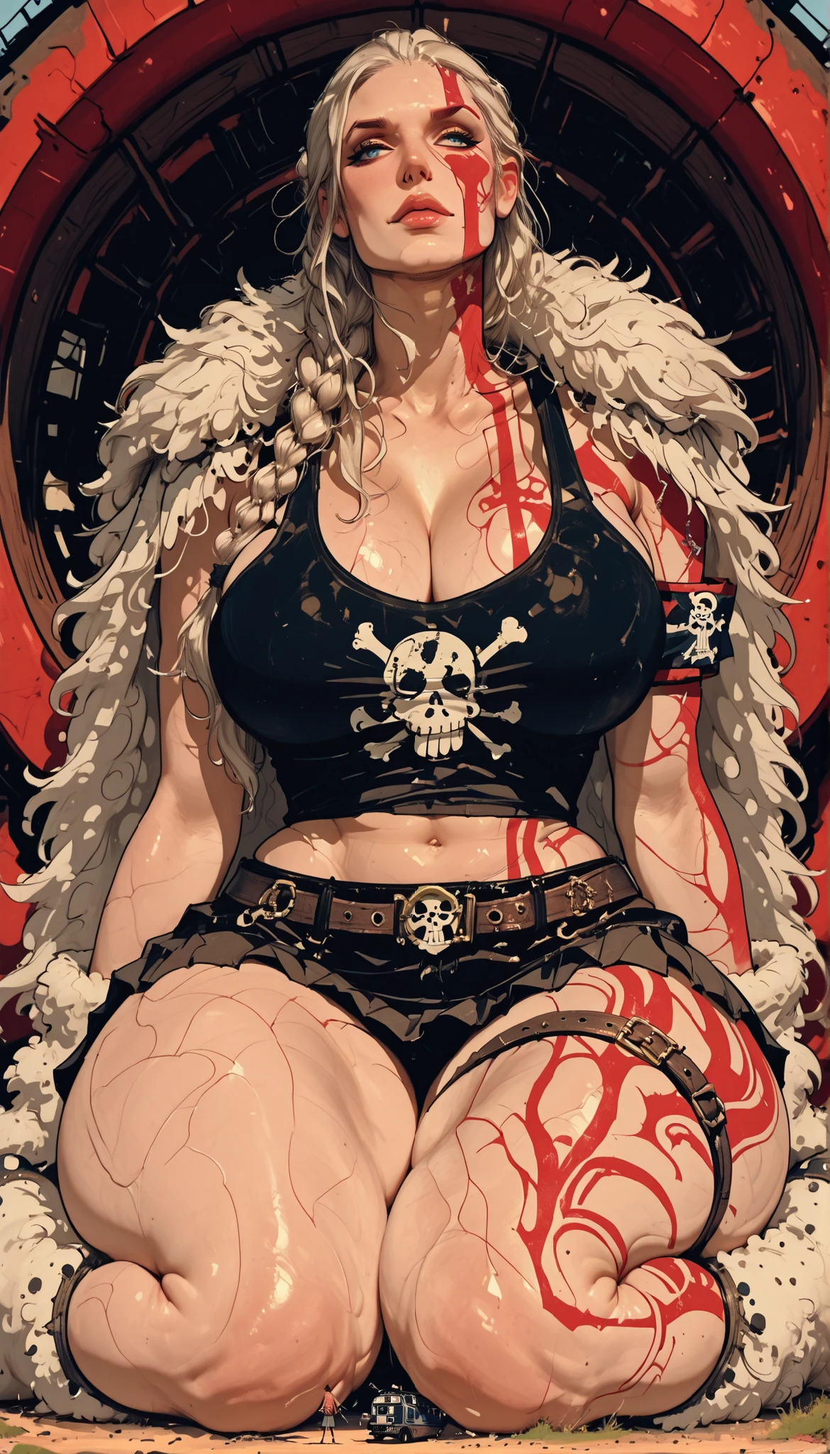 RIpleyOP, 1woman, mature, solo, giant woman, giantess, hiny and smooth skin, long hair, light hair, braids, bangs, lips, blue eyes, large ,  thick plumpy thighs, wide curvy , voluptuous body, Curvy body, thicc woman, cleavage, dark tank top, Jolly Roger on tank top, fur fluffy cape, navel, midriff, groin, short skirt held up by leather belts, fuzzy boots wrapped in bands, red streamlined tattoo, red streamlined tattoo on face, wide , belt, armband, sitting on ground, legs covering her below area