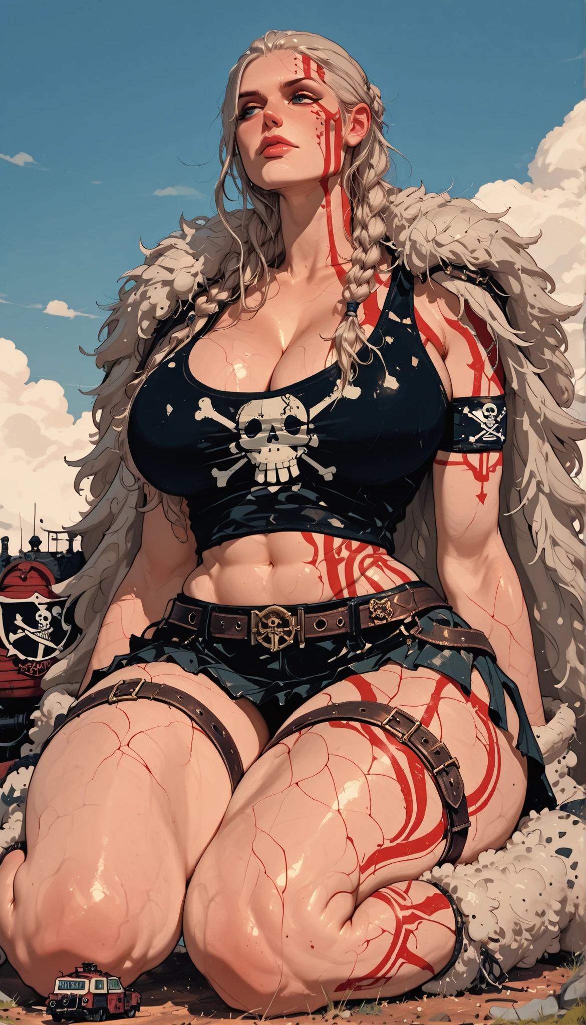 RIpleyOP, 1woman, mature, solo, giant woman, giantess, hiny and smooth skin, long hair, light hair, braids, bangs, lips, blue eyes, large ,  thick plumpy thighs, wide curvy , voluptuous body, Curvy body, thicc woman, cleavage, dark tank top, Jolly Roger on tank top, fur fluffy cape, navel, midriff, groin, short skirt held up by leather belts, fuzzy boots wrapped in bands, red streamlined tattoo, red streamlined tattoo on face, wide , belt, armband, sitting on ground, legs covering her below area