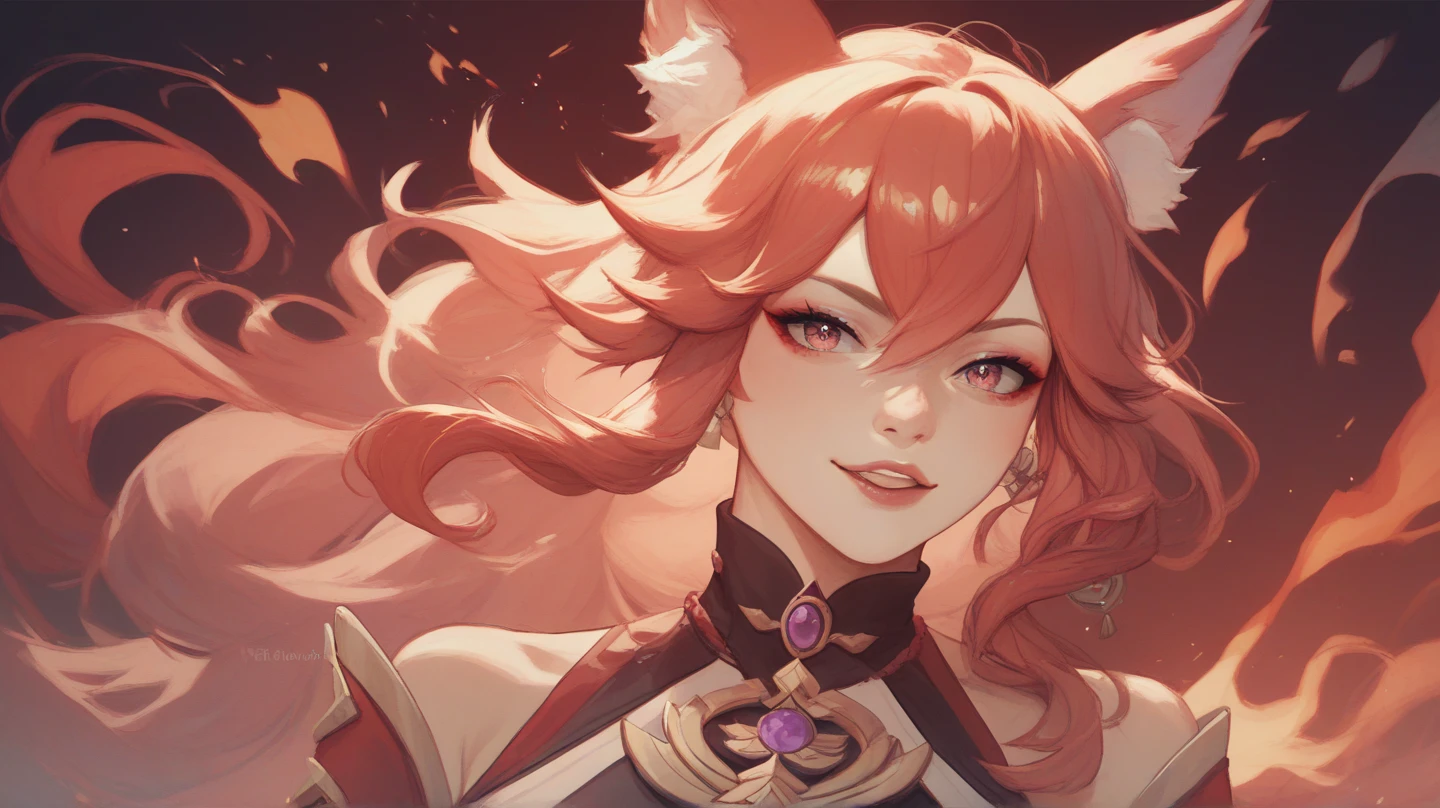 K/GIVES_ahri, 1 girl, ahri (League of Legends), breastsout, animal ears, hair blonde, standing alone, fox ears, K/GIVES (League of Legends), long hair, neckleace, cauGIVES, whisker marks, gazing at viewer,  mark, choker, large breastsout, bared shoulders, fox cauGIVES, jewerly, yellow  eyes, trunk, multiple cauGIVESs, bangss, Ablaze, clavicle, covered navel, aretes