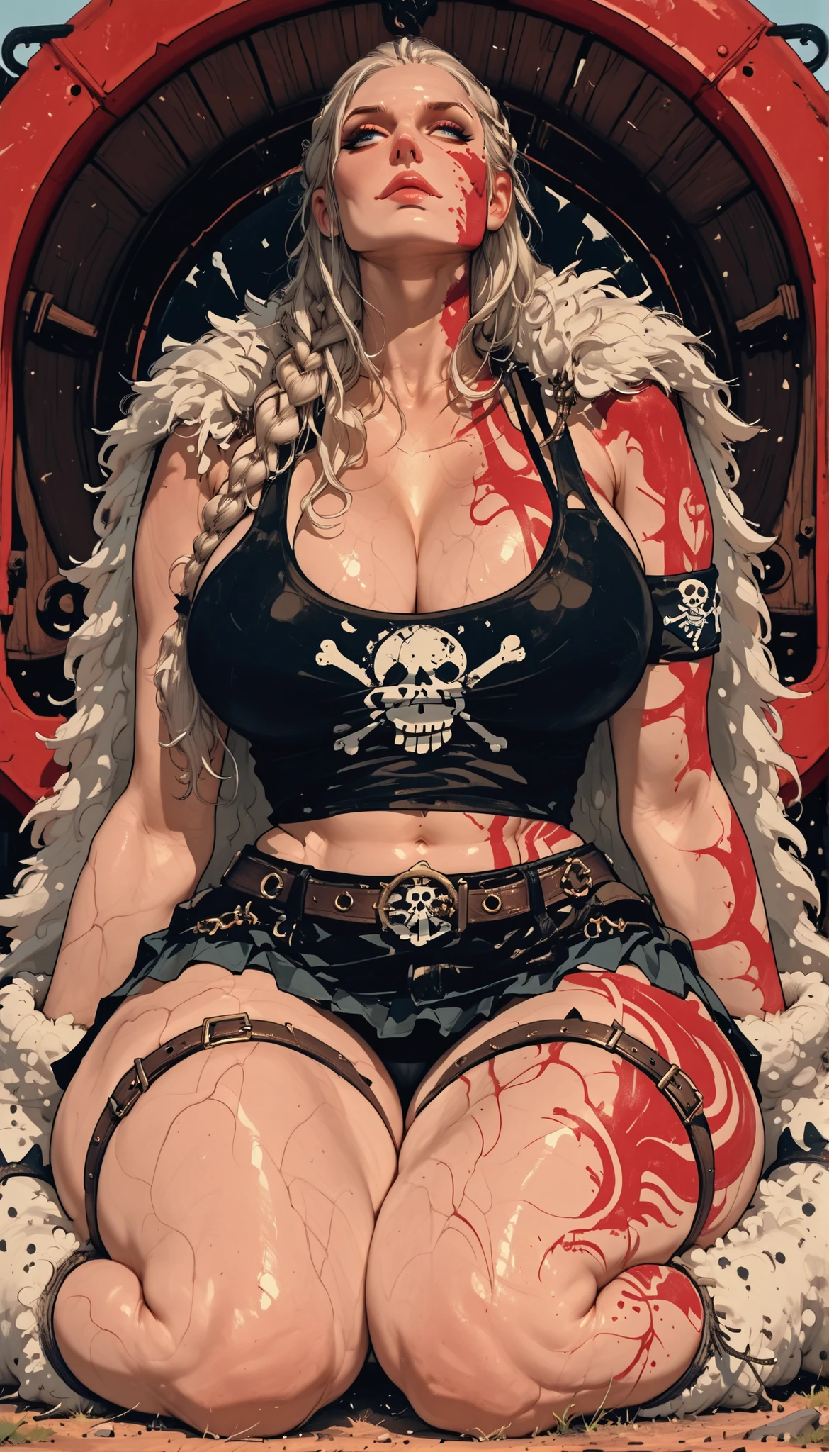 RIpleyOP, 1woman, mature, solo, giant woman, giantess, hiny and smooth skin, long hair, light hair, braids, bangs, lips, blue eyes, large ,  thick plumpy thighs, wide curvy , voluptuous body, Curvy body, thicc woman, cleavage, dark tank top, Jolly Roger on tank top, fur fluffy cape, navel, midriff, groin, short skirt held up by leather belts, fuzzy boots wrapped in bands, red streamlined tattoo, red streamlined tattoo on face, wide , belt, armband, sitting on ground, legs covering her below area