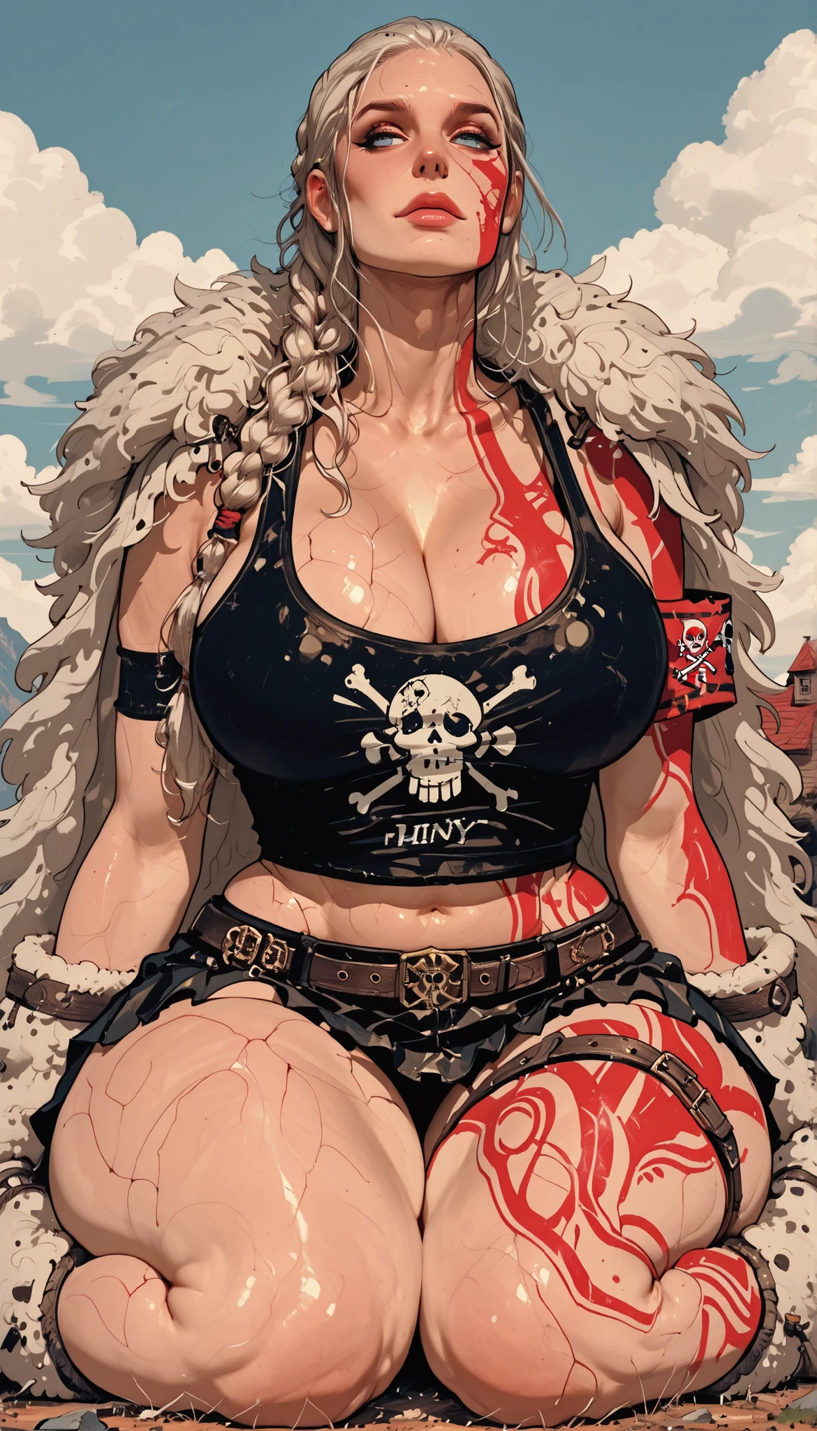 RIpleyOP, 1woman, mature, solo, giant woman, giantess, hiny and smooth skin, long hair, light hair, braids, bangs, lips, blue eyes, large ,  thick plumpy thighs, wide curvy , voluptuous body, Curvy body, thicc woman, cleavage, dark tank top, Jolly Roger on tank top, fur fluffy cape, navel, midriff, groin, short skirt held up by leather belts, fuzzy boots wrapped in bands, red streamlined tattoo, red streamlined tattoo on face, wide , belt, armband, sitting on ground, legs covering her below area