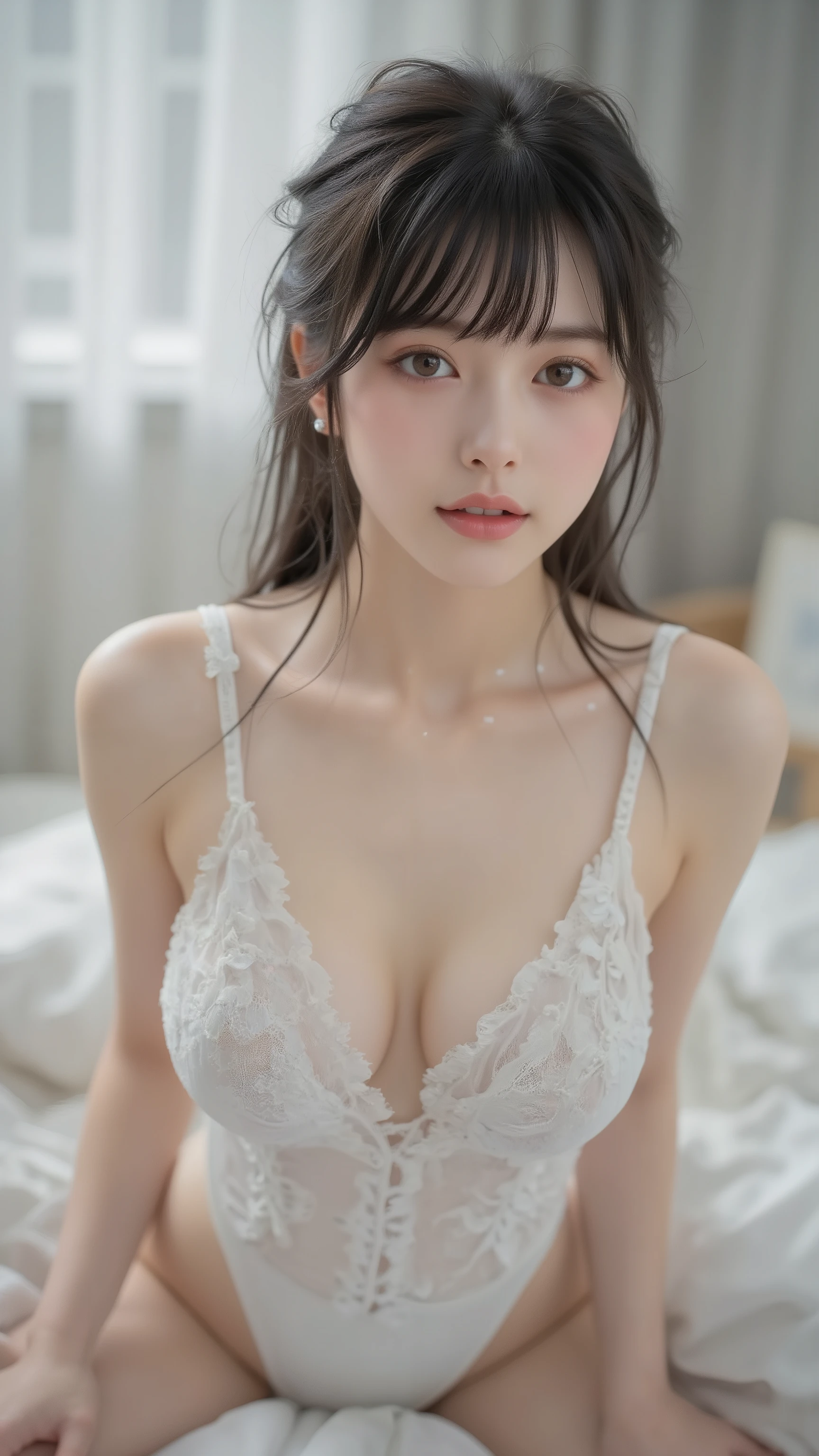 (masterpiece, Highest quality:1.3), (Super detailed:1.2), (hyperRealistic:1.3), (RAW Photos:1.2),High-definition RAW color photos, Professional photos, (PhotoRealistic:1.4), (Realistic:1.4), ,Professional Lighting, (Japanese), Beautiful Face, (Realistic face), Cute Woman, (Brown Hair, :1.5), (Bright smile:1.5), Trending Hair&Trending Hairカラーをランダムに, Earrings, necklace, bracelet, ,  , Random  gravure poses, (Beautiful woman in pure white lingerie、Surrounded by roses、A fleeting expression、Fluffy long hair、Lying Pose。:1.3)