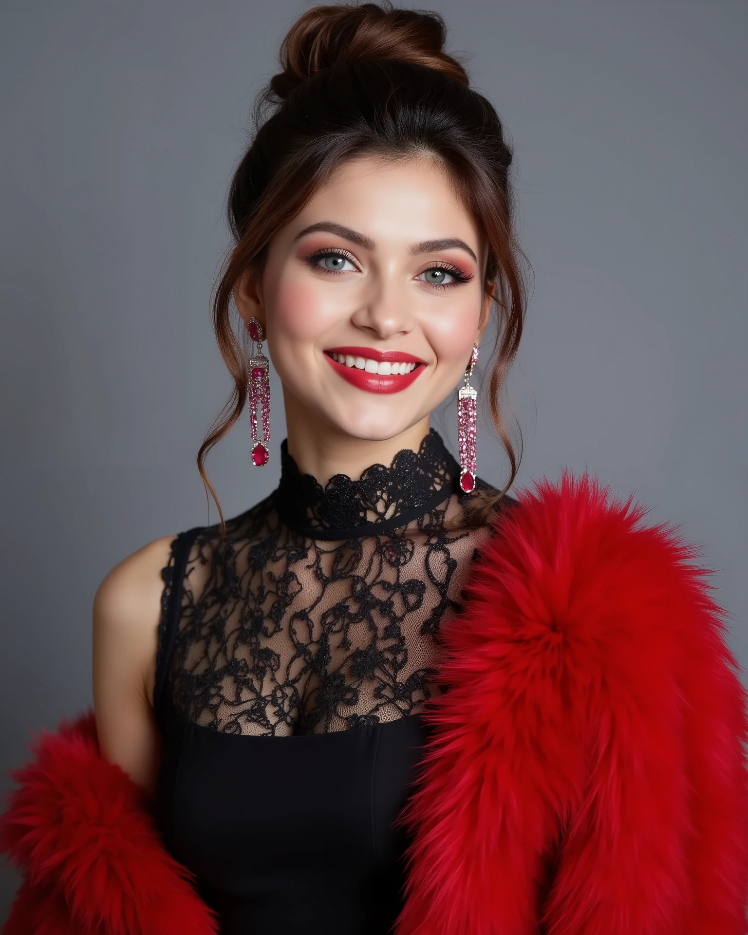 , Full body image of a 20-year-old Indian girl with smiling look, fair skin tone, light grey eyes, fox eyelashes, thin eyebrows, black eye liner, silver eyeshadow, natural blush, and red lipstick. Her hairs are brown, wavy and has a bun with a few loose strands framing the face. She is wearing a black high-neck lace dress with a luxurious red fur coat draped over her shoulders, a single ruby necklace and long ruby earrings. The background has a soft gray gradient studio lighting, cinematic fashion editorial.