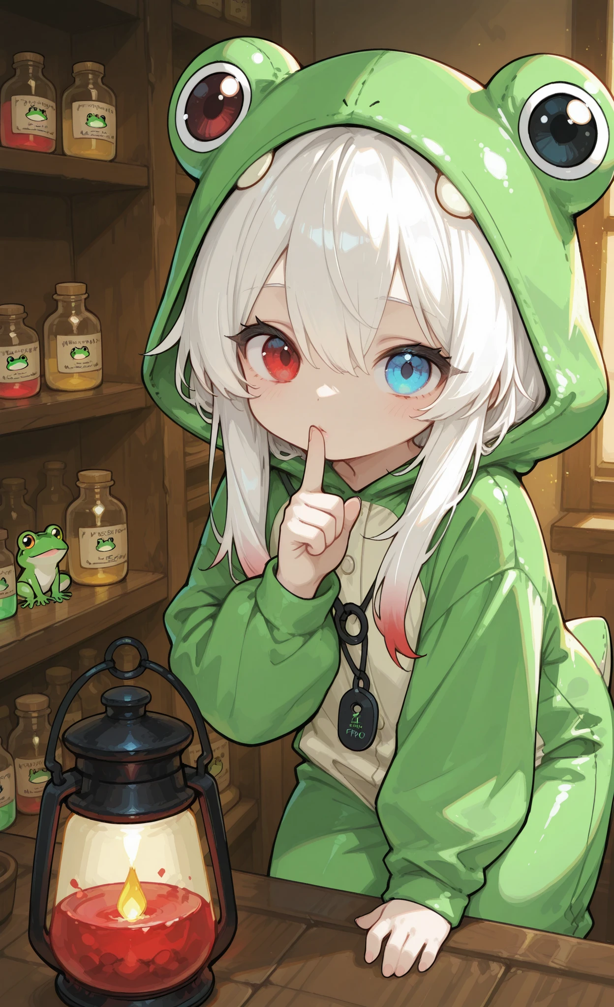 Melys Chibi, masterpiece, best quality, ultra-detailed:1.3, chibi style, medium shot, 1girl, solo, pure white hair with soft gradient red tips, heterochromia, fair skin, wearing frog onesie, holding a lantern that illuminates a shelf of potions, she is turned towards the viewer with a finger to her lips in a "shush" gesture, as if sharing a secret, the light catches the hidden price tags on the bottles, dramatic lighting, mysterious mood