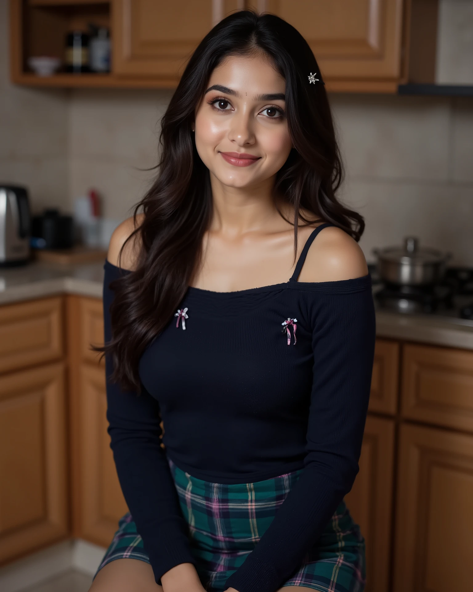 anaswarasdxl, Full body image of a 20-year-old Indian girl with smiling look, fair skin tone, light grey eyes, fox eyelashes, thin eyebrows, black eye liner, silver eyeshadow, natural blush, and red lipstick. Her hairs are long, brown, wavy and frames her face and and adorned with a star-shaped hair clip. She is wearing a fitted, long-sleeved navy blue knit sweater with folded details on the chest and shoulders to create an off-shoulder look, and small ribbon details on the chest. This is paired with a pleated mini-skirt in a green, blue, and purple plaid pattern. She is sitting on a stool, facing the camera inside a wooden theme kitchen.