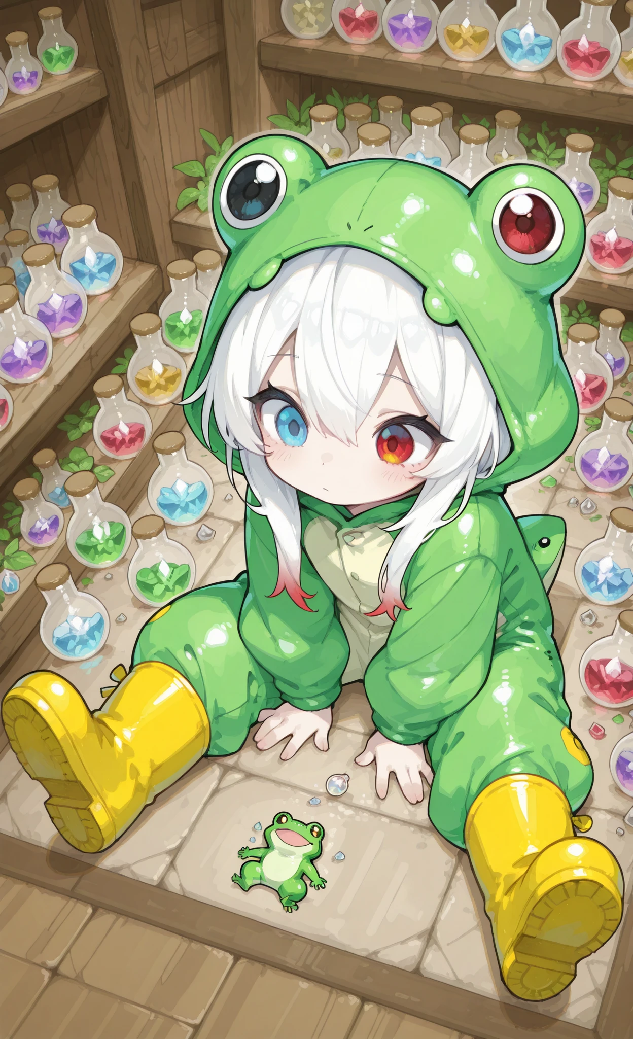 Melys Chibi, masterpiece, best quality, ultra-detailed:1.3, chibi style, overhead view, 1girl, pure white hair with soft gradient red tips, heterochromia, fair skin, wearing frog onesie, yellow rain boots, sitting on floor organizing potion ingredients, surrounded by herbs and crystals, focused expression, cozy shop interior
