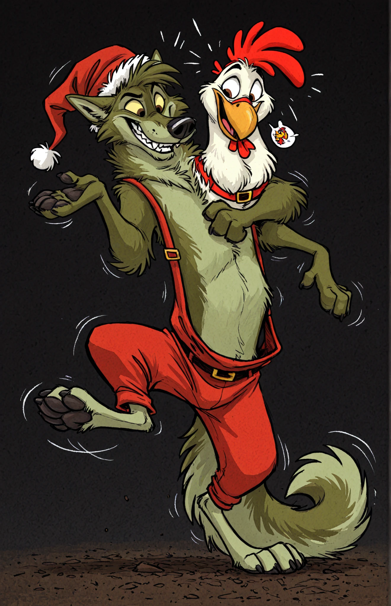 A anthropomorphic wolf character, the main subject, is depicted embracing a white turkey. The wolf, with olive green fur and a friendly but mischievous expression, wears red Santa's clothes with Santa's hat, and stands with a somewhat bent stance, suggesting movement. The wolf has a broad smile, showing teeth, and eyes wide with excitement. The turkey is held in the wolf's arms, appearing startled, with its beak open and legs kicking. The scene is set against a plain, dark background. The lighting is soft, emphasizing the characters and their interaction. The composition is centered, focusing attention on the wolf and the chicken. The style is cartoonish and illustrative. The overall atmosphere feels humorous and lighthearted.