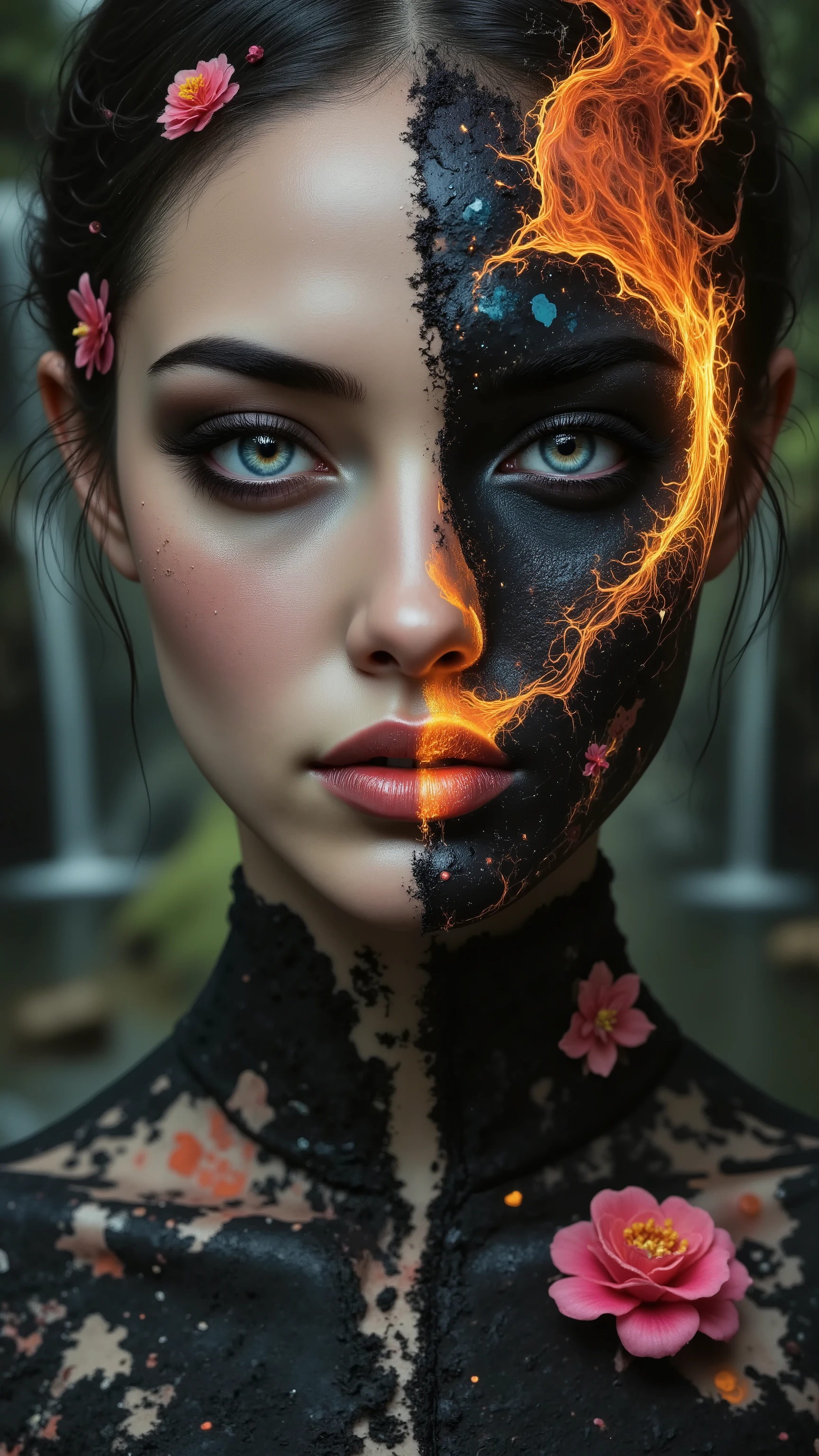 Ultra-realistic (photorealistic Realism) , "UHD, Hyper high resolution" - "(Hyper quality, intricately ultra-detailed digital art)" (Key Directive: - ("The priority is the anatomical accuracy and texture of the materials" - "Ultra-sharp human eyes with biological accuracy") (realistic texture details: velvety skin, hair), long Lashes: individual synthetic fibers (crosshatched roots:1 . 2 , clump-free separation), Eyes (acid-resistant terminology) (macro-details:1.5): * Moist corneal surface (visible aqueous layer:1.2) * Hyper-detailed iris eyes (brown with gold flecks) * Precise limbal ring (slightly darker pigmentation:1.3) * Pupil micro-texture (irregular edge authenticity:0.9) * Vasculature in sclera (subtle blue veins radiating from limbus), (Avoid: "pupil distortion , uncanny valley asymmetry , plastic-like wetness"),detailed portrait of a princess wearing a luxurious fur robe over a royal dress, she has a warm smile on her face, lush waterfall in the background, colorful flowers surrounding her, highly detailed, 8k, photorealistic, realistic lighting, professional digital art, dramatic fantasy style, oil painting, vibrant colors, intricate details, h4nd