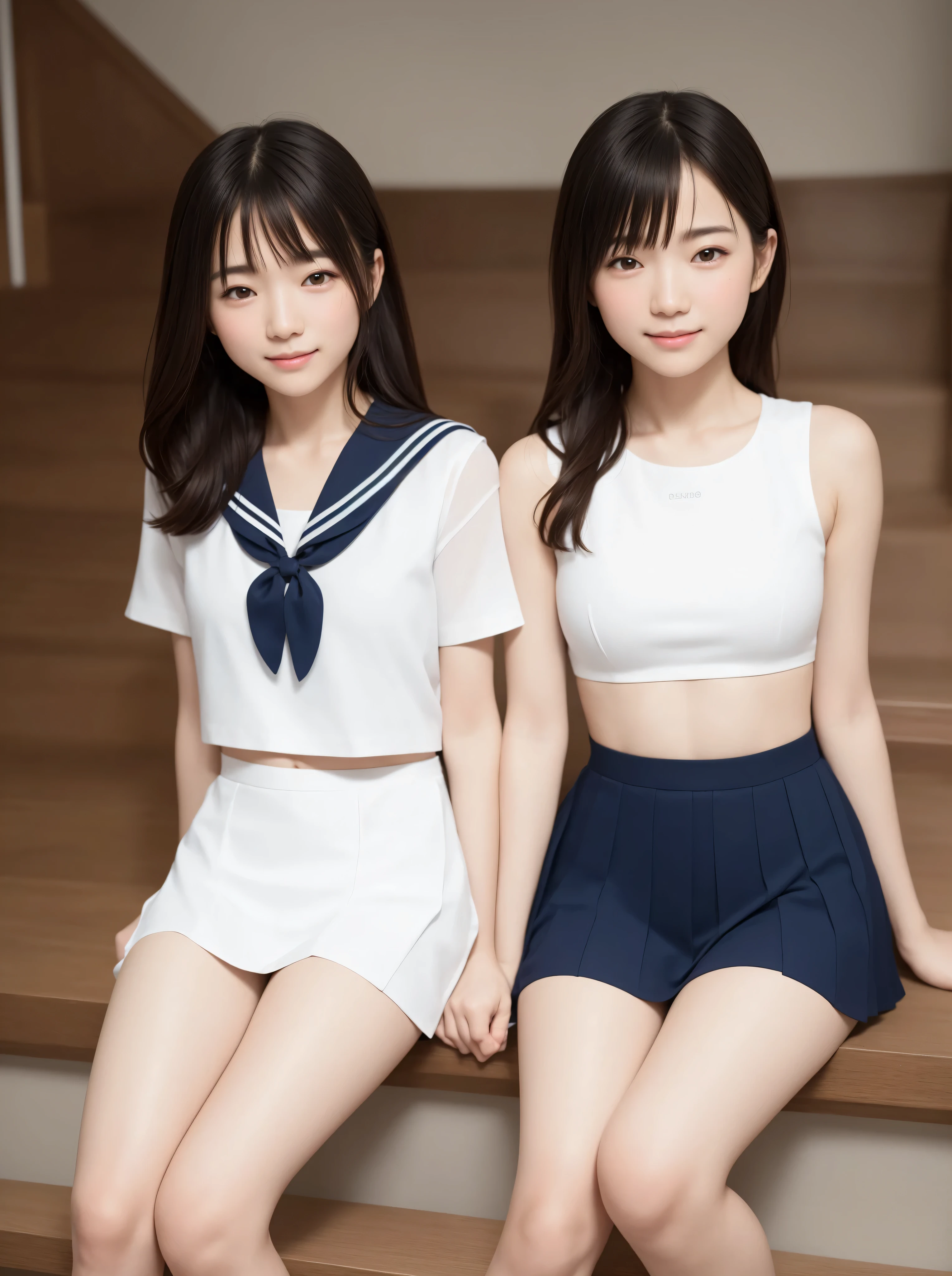 8K Wallpaper,younger、 sailor suit、白色の sailor suit、 mini skirt、 sitting on the stairs、 Slim figure with visible navel、 girls、 fashionable hairstyle 、 sitting on the stairs、半袖の sailor suit、My Stomach Is Split in Two and I Can See Everything、 tight waist、 Simple White Sneakers,in the laboratory is observed with a,actual image、 Highest Quality,happy expression、femininity大学生,幼さの残る可愛い girls、 cute girls、femininity、 Realistic Textures 、close your eyes and smile、 smile、 amazing section,Natural lip shape,Natural Eye Shape 、size、 beautiful detailed eyes