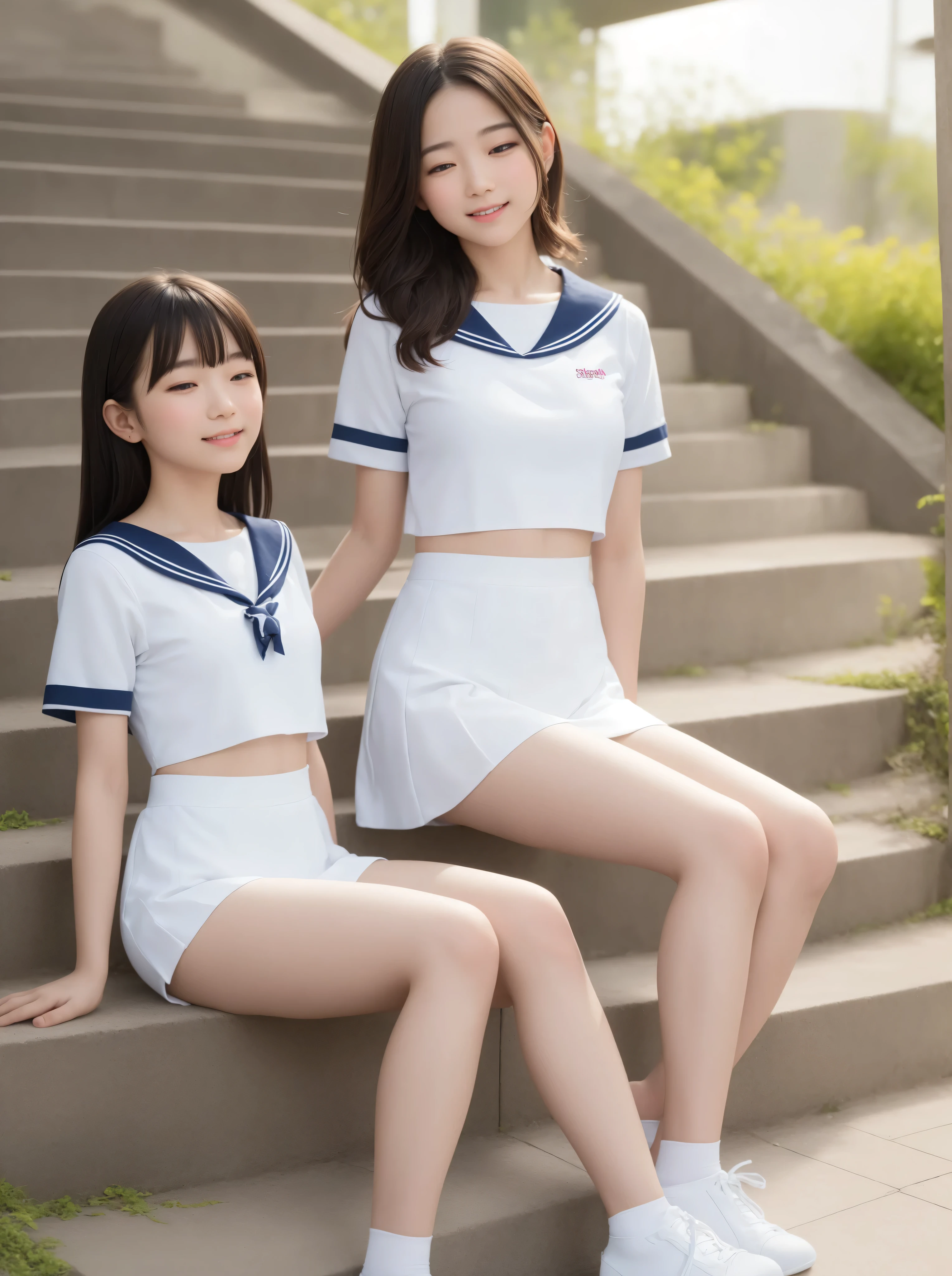 8K Wallpaper,younger、 sailor suit、白色の sailor suit、 mini skirt、 sitting on the stairs、 Slim figure with visible navel、 girls、 fashionable hairstyle 、 sitting on the stairs、半袖の sailor suit、My Stomach Is Split in Two and I Can See Everything、 tight waist、 Simple White Sneakers,in the laboratory is observed with a,actual image、 Highest Quality,happy expression、femininity大学生,幼さの残る可愛い girls、 cute girls、femininity、 Realistic Textures 、close your eyes and smile、 smile、 amazing section,Natural lip shape,Natural Eye Shape 、size、 beautiful detailed eyes