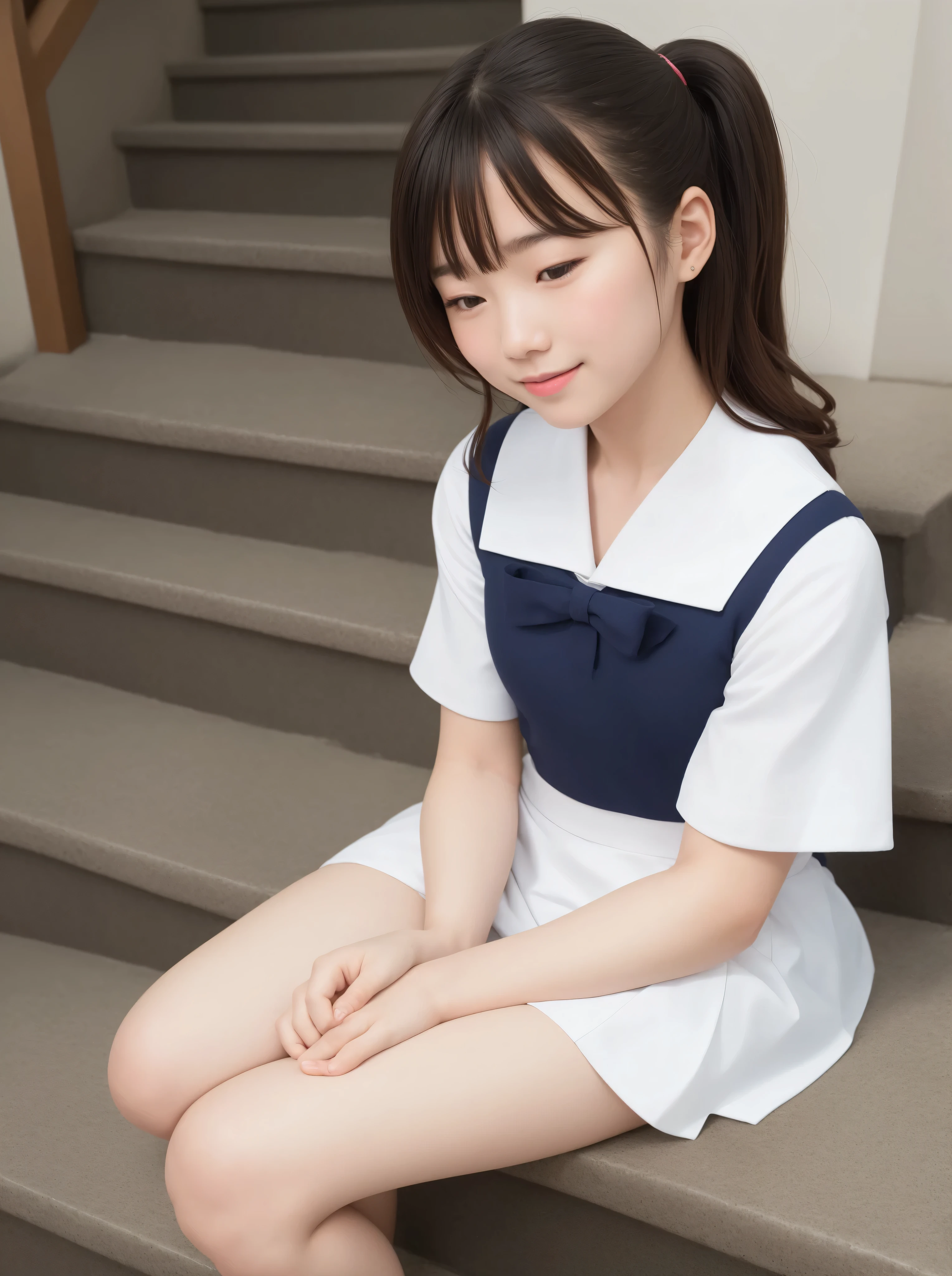 8K Wallpaper,younger、 sailor suit、白色の sailor suit、 mini skirt、 sitting on the stairs、 Slim figure with visible navel、 girls、 fashionable hairstyle 、 sitting on the stairs、半袖の sailor suit、My Stomach Is Split in Two and I Can See Everything、 tight waist、 Simple White Sneakers,in the laboratory is observed with a,actual image、 Highest Quality,happy expression、femininity大学生,幼さの残る可愛い girls、 cute girls、femininity、 Realistic Textures 、close your eyes and smile、 smile、 amazing section,Natural lip shape,Natural Eye Shape 、size、 beautiful detailed eyes