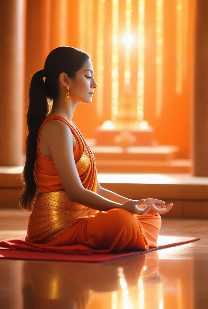 woman in lotus flower pose meditating, surreal setting, pale pink colors, high quality photography, (medium long shot)